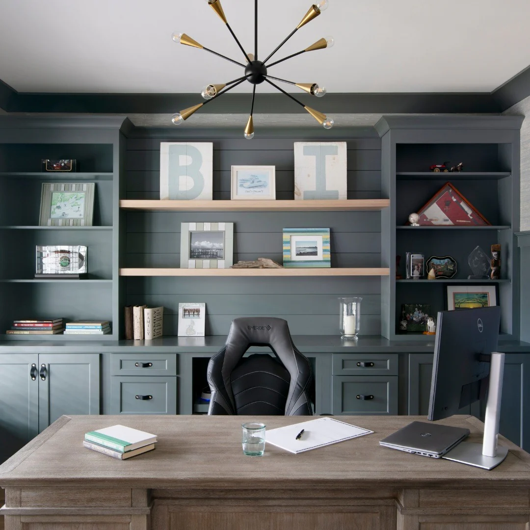 2. Tailored Built-In Office in Slate Blue & Warm Wood (Home Office Decor Ideas)