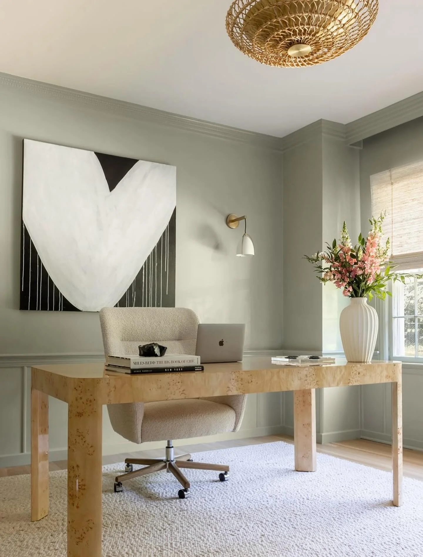 3. Sculptural Minimal Office in Sage Green & Travertine (Home Office Decor Ideas)