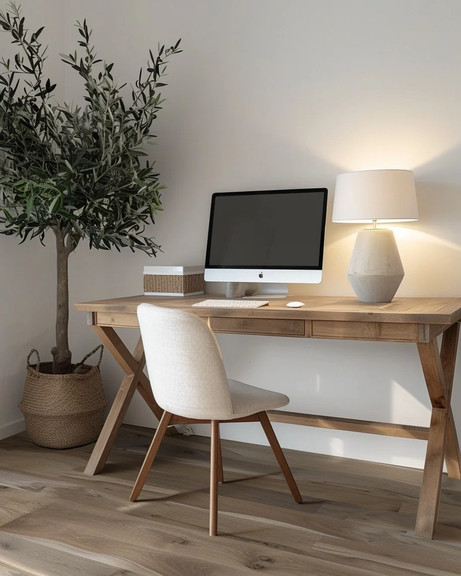 5. Scandinavian-Inspired Desk Nook in Blonde Wood & Soft Beige (Home Office Decor Ideas)