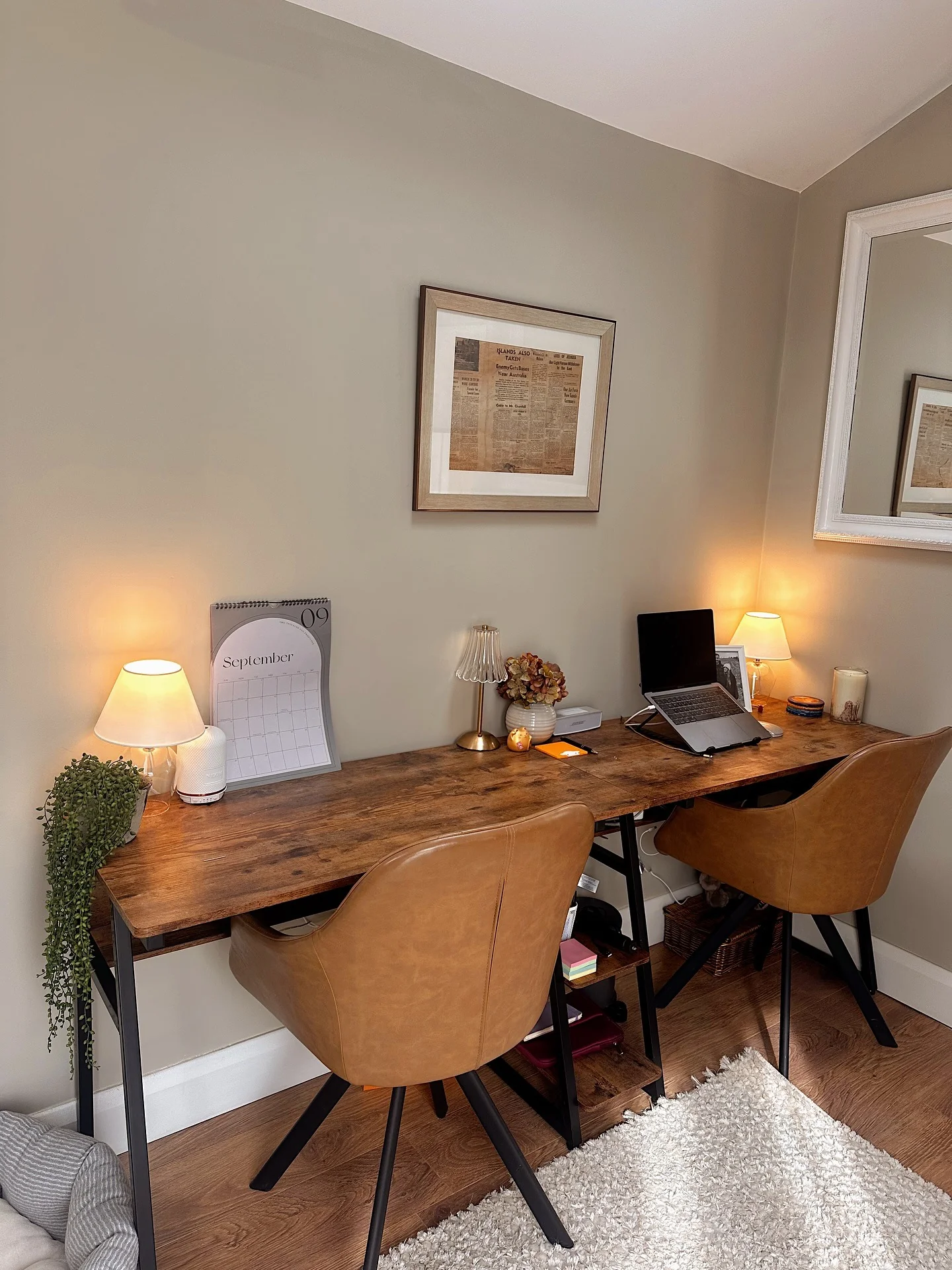 6. Shared Home Office in Warm Walnut & Leather Tones (Home Office Decor Ideas)