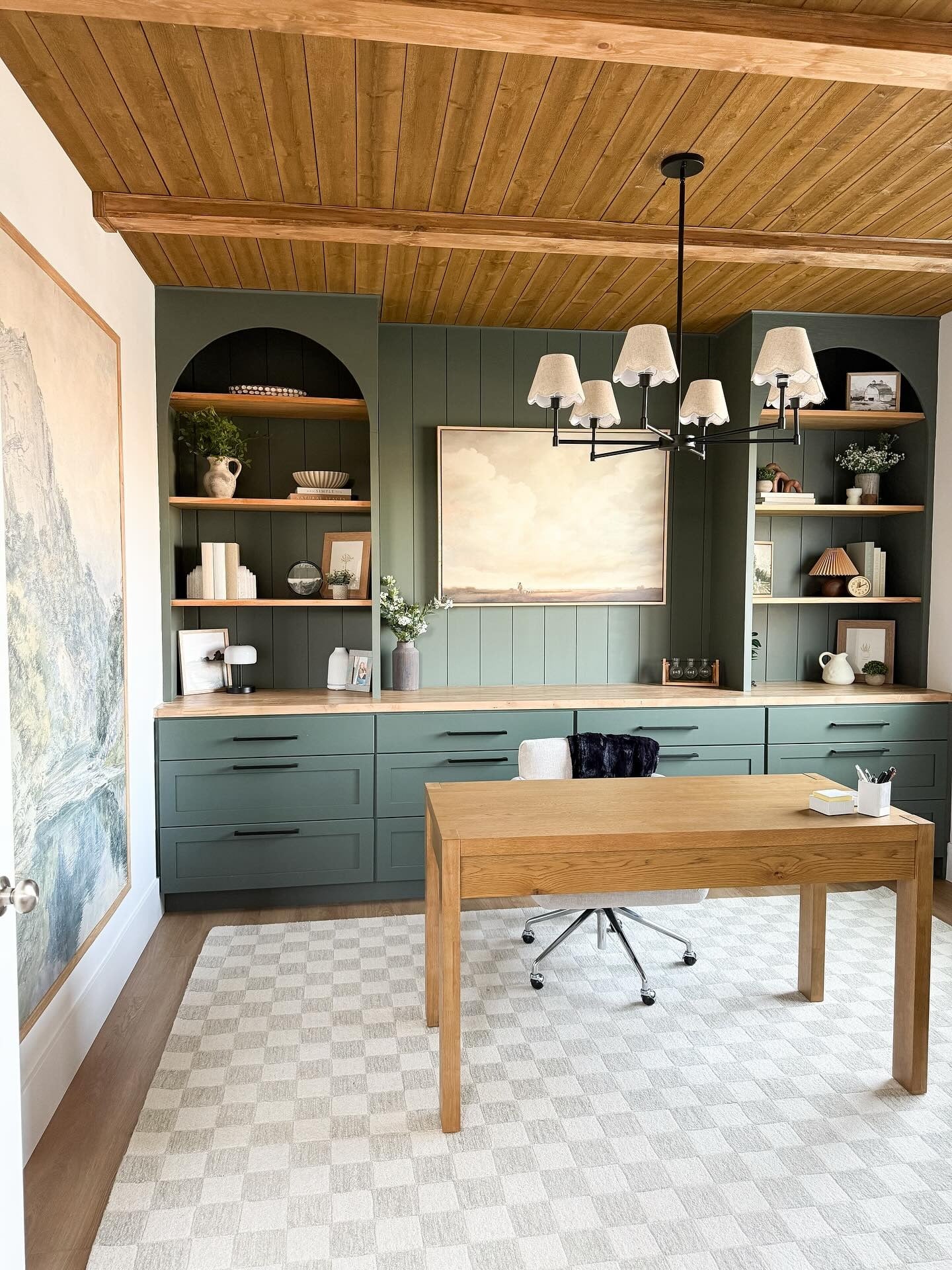 9. Custom Green Office with Wood Ceiling & Built-Ins (Home Office Decor Ideas)