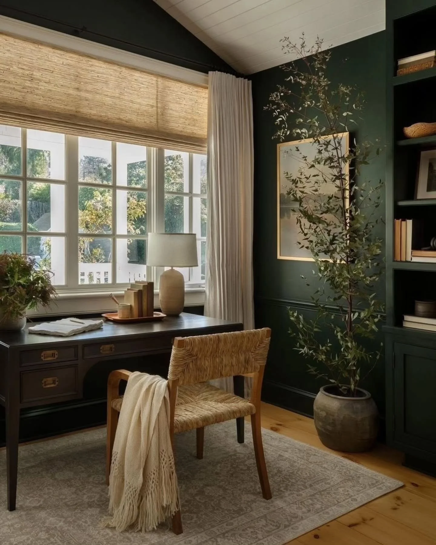 12. Moody Green Study with Warm Wood & Woven Textures (Home Office Decor Ideas)