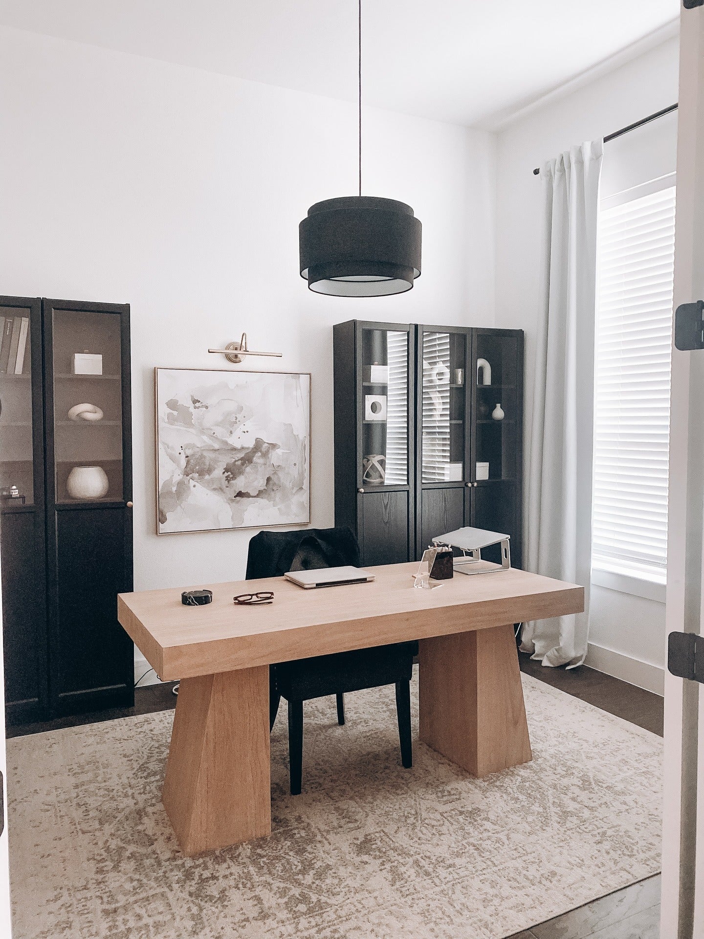 13. Modern Executive Office in Black, White & Light Oak (Home Office Decor Ideas)