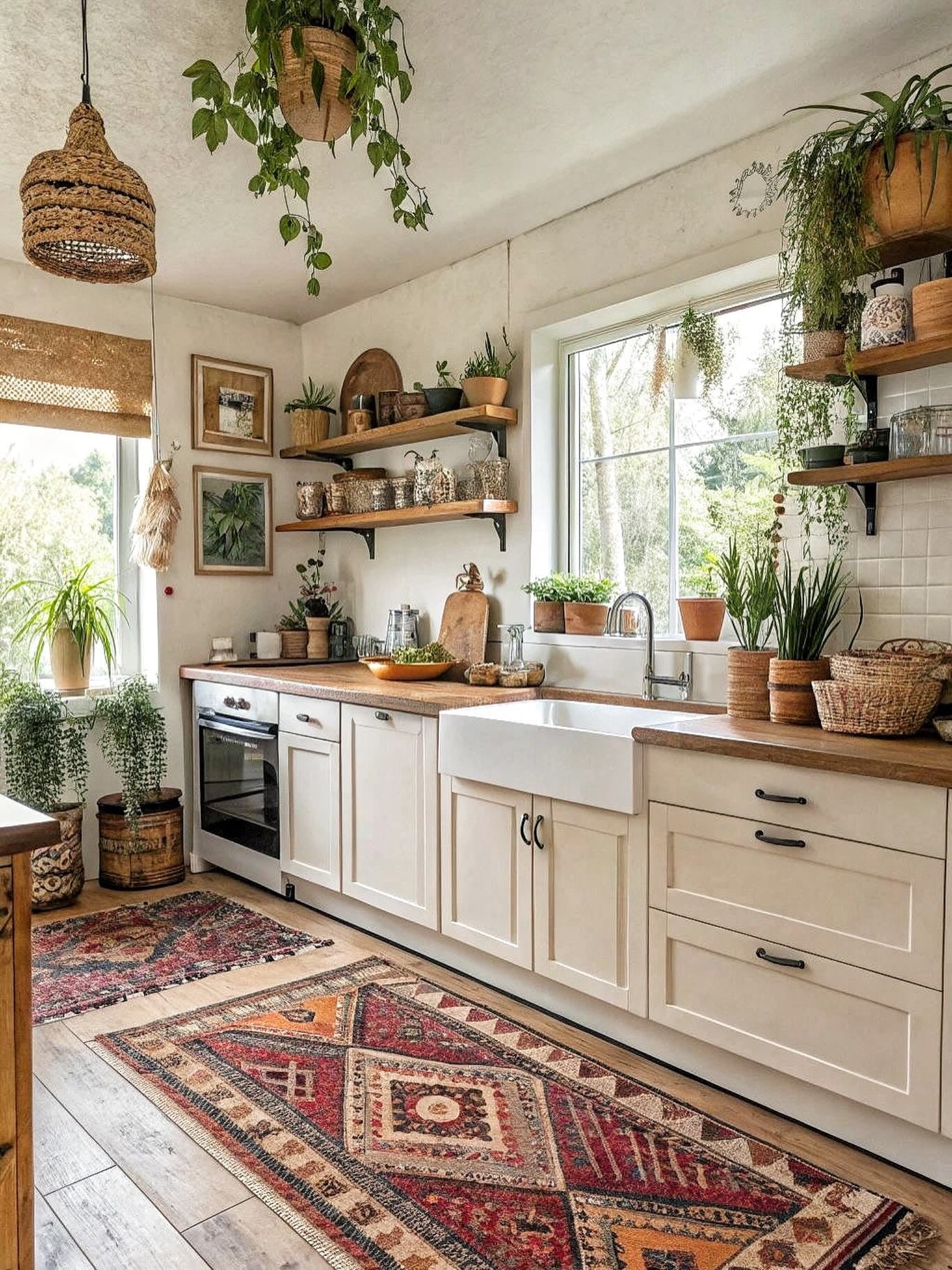 11. Soft Cream & Natural Green Bohemian Kitchen (Bohemian Kitchen Ideas)