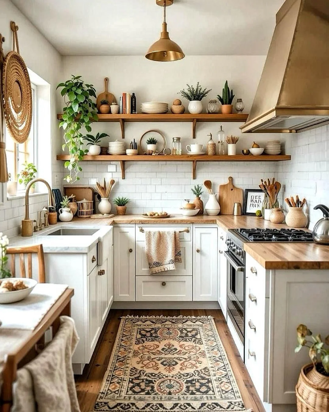 12. White & Warm Wood Bohemian Kitchen with Brass Accents (Bohemian Kitchen Ideas)