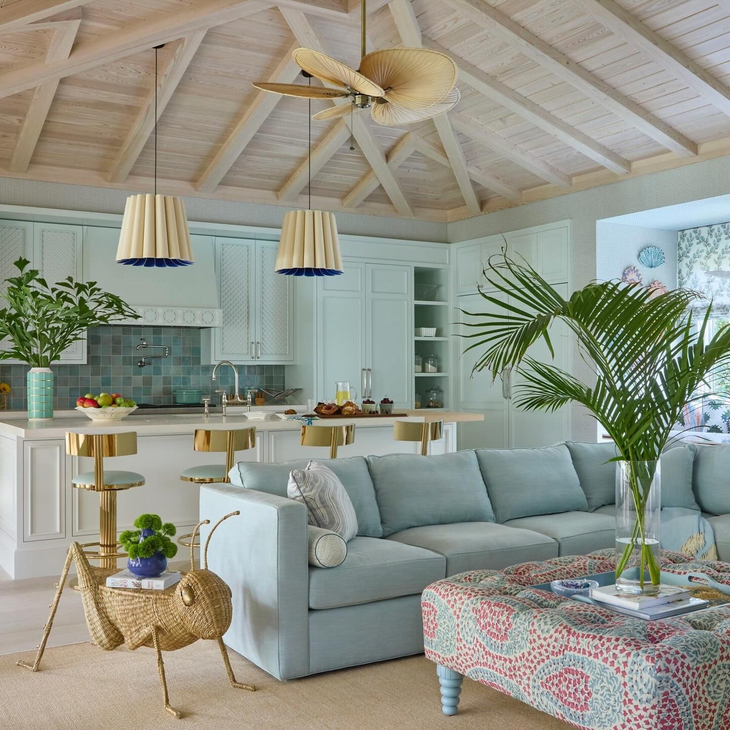 3. Coastal Open-Concept Living with Pale Aqua and Warm Brass (Beach Living Room Ideas)