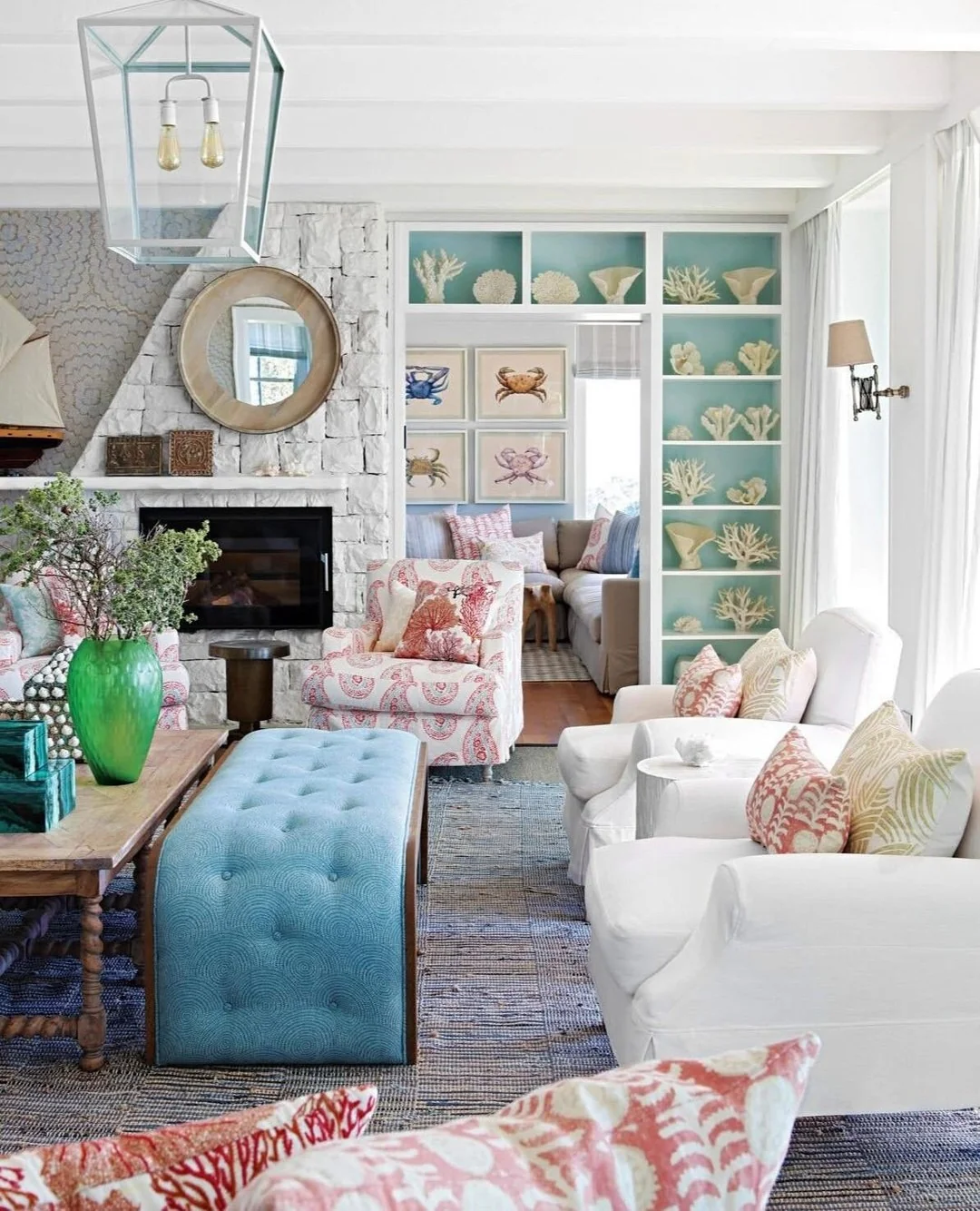 8. Coastal Collected Living Room with Aqua and Coral Accents (Beach Living Room Ideas)