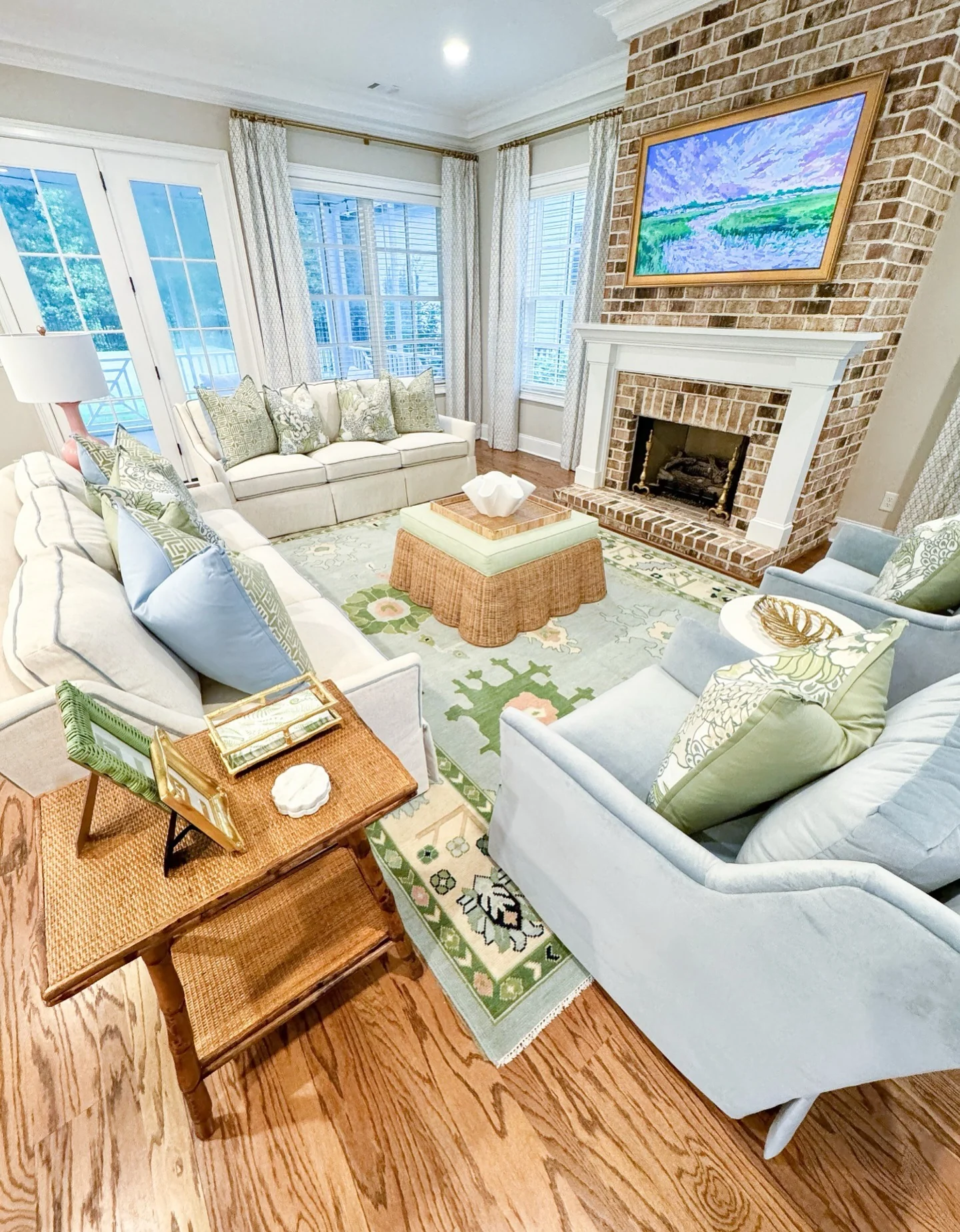 9. Traditional Coastal Living Room with Soft Green and Blue (Beach Living Room Ideas)