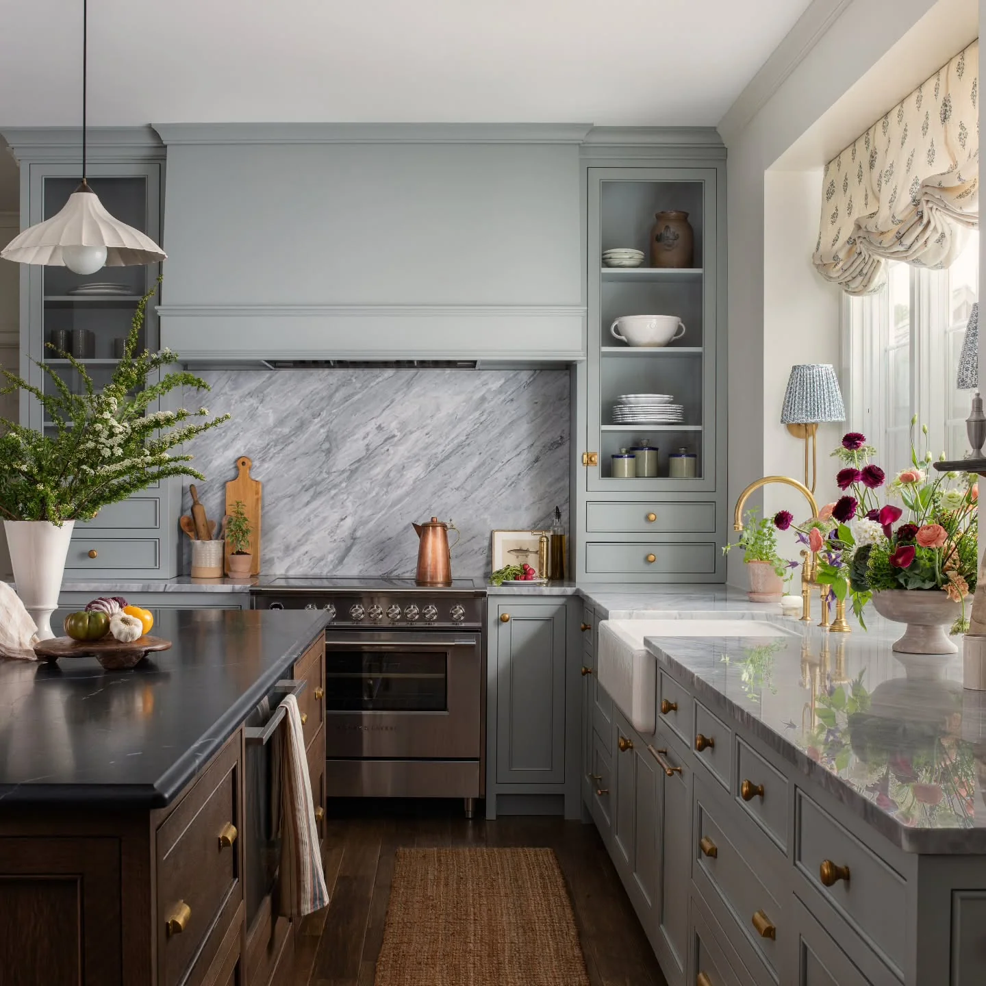 2. Classic Grey Galley Kitchen with Brass Details (Long Narrow Kitchen Ideas)