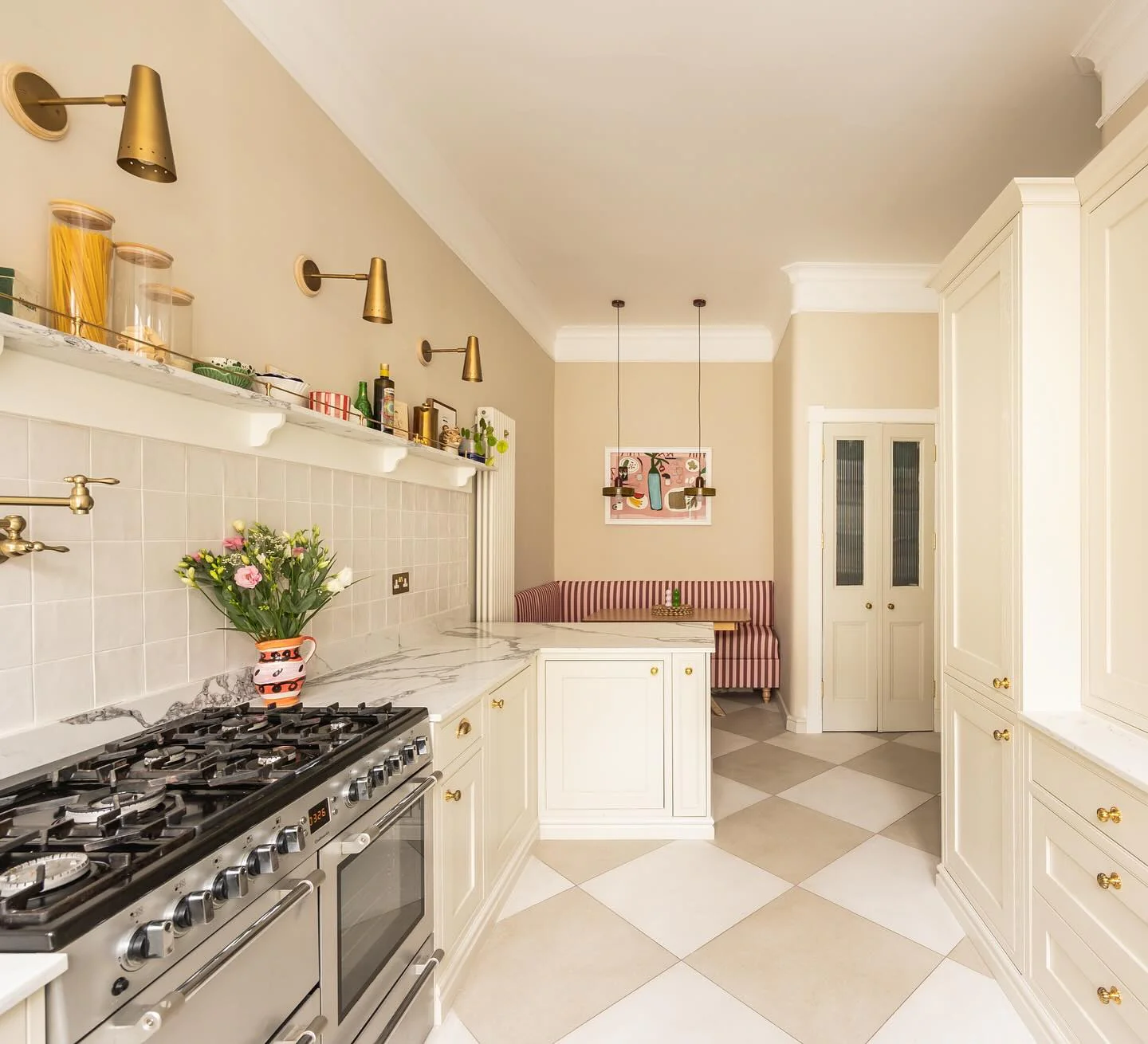 10. Cream Classic Kitchen with Checkerboard Flooring (Long Narrow Kitchen Ideas)