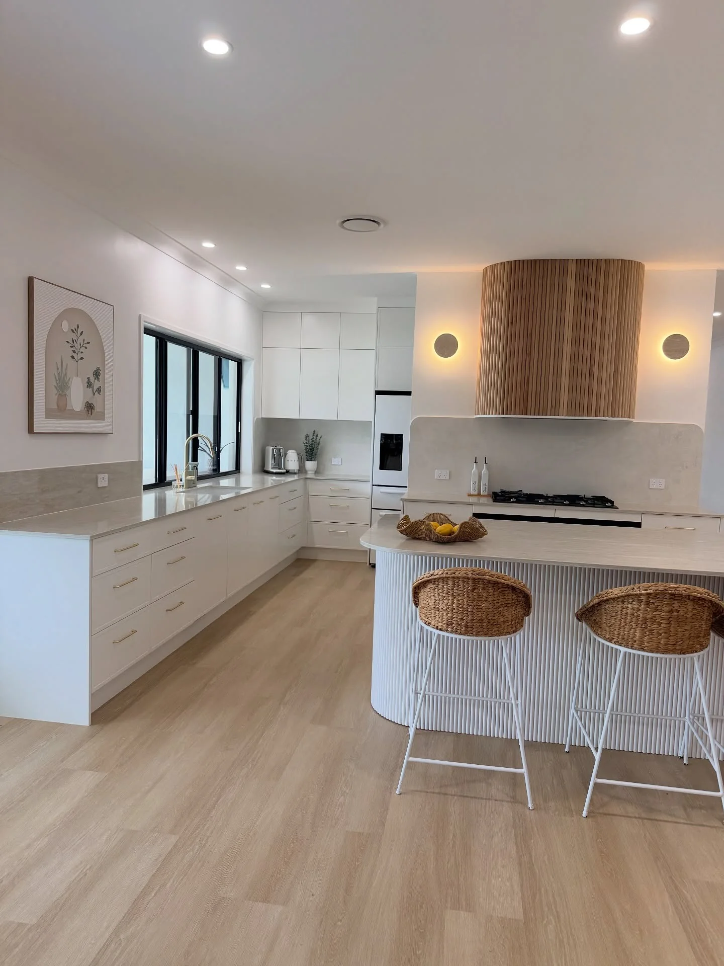 12. Contemporary White Kitchen with Textured Wood Island (Long Narrow Kitchen Ideas)