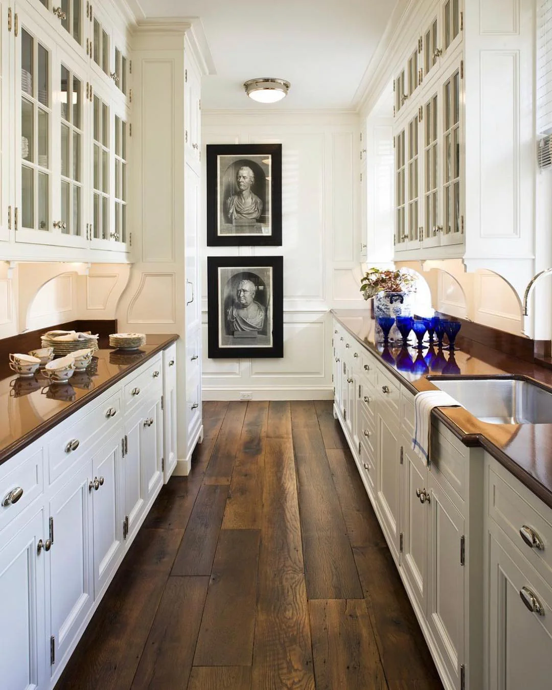 13. Classic White Galley Kitchen with Dark Wood Counters (Long Narrow Kitchen Ideas)