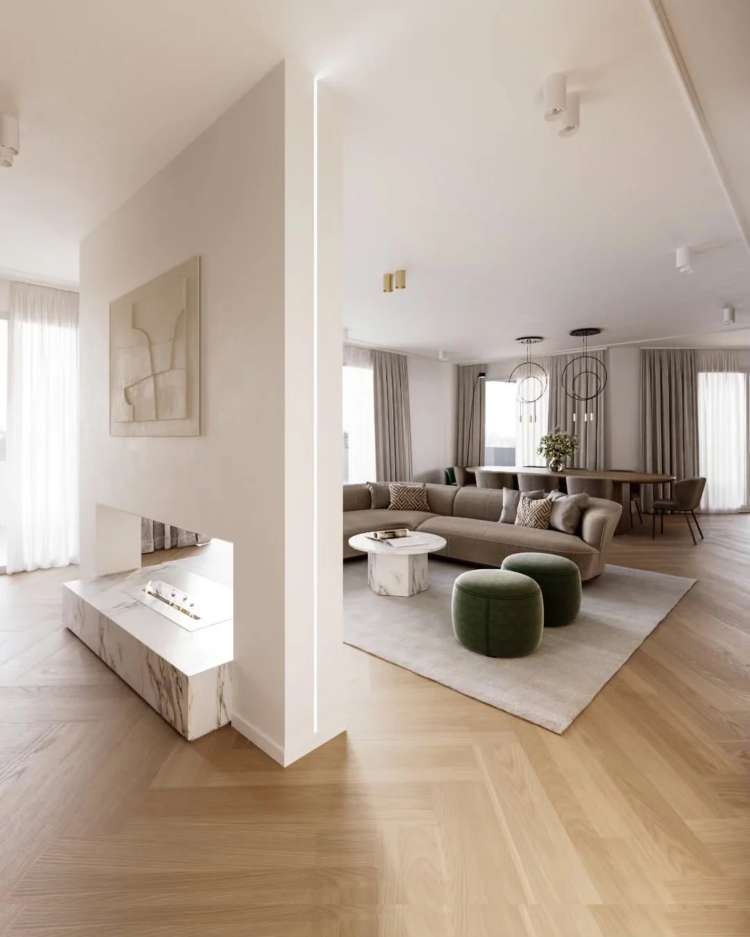 13. Contemporary Open Floor Plan in Cream and Forest Green (Open Space Living Room Ideas)