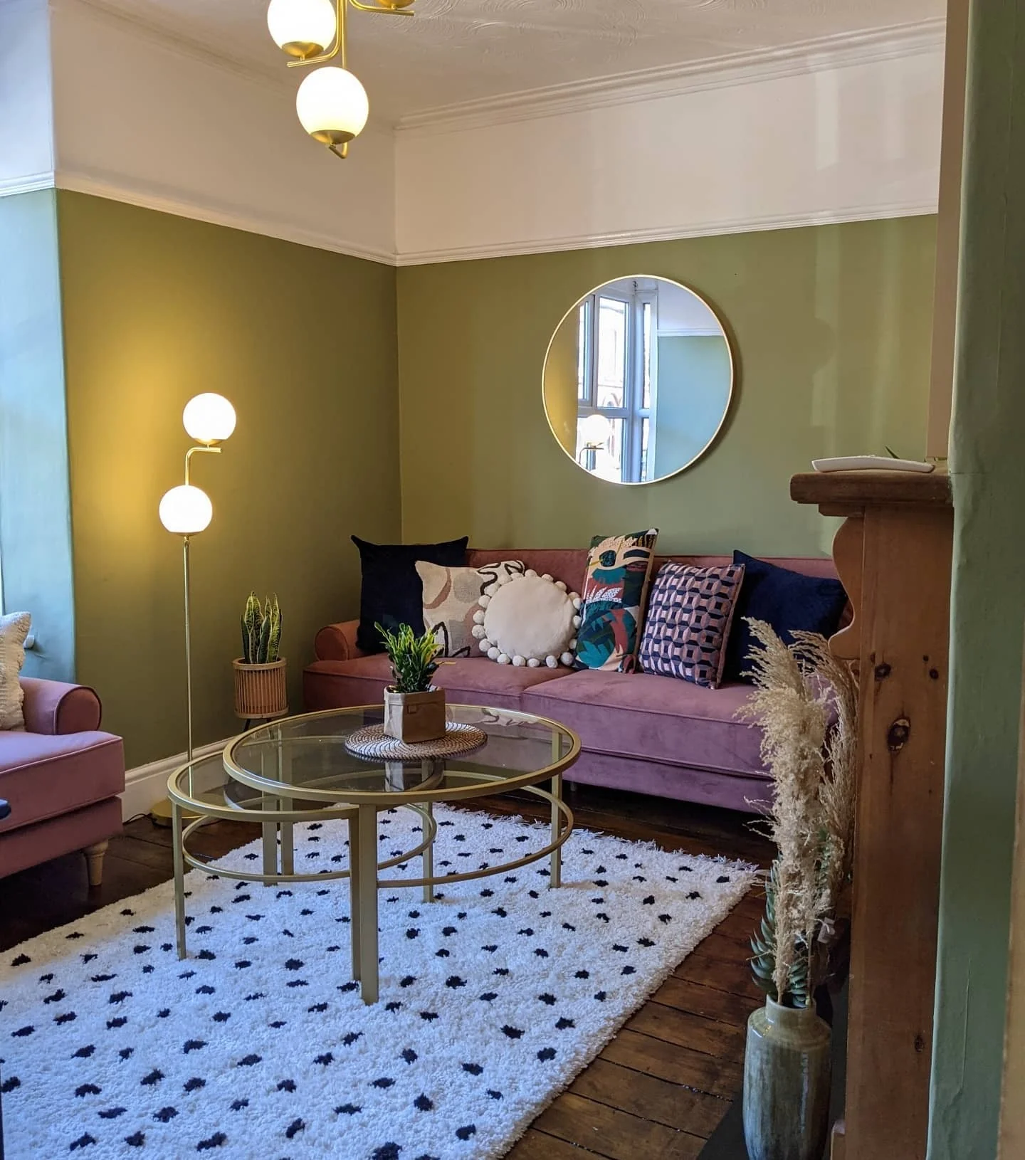 7. Olive Green Retreat With Blush Seating (Victorian Living Room Ideas)