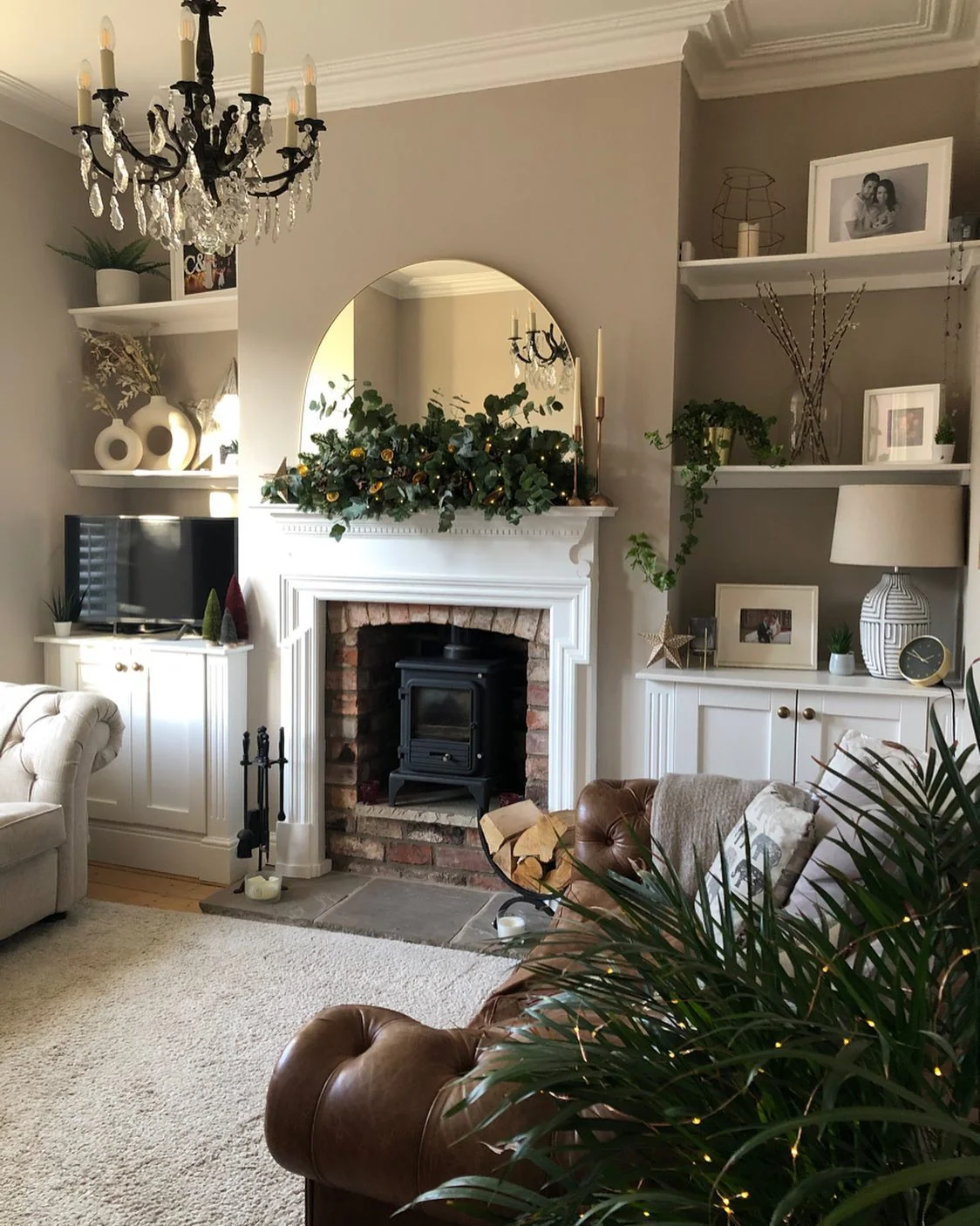 11. Warm Taupe Living Room With Classic White Fireplace (Victorian Living Room Ideas)