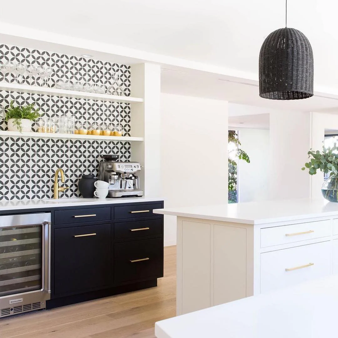 3. Graphic Petal Tile in a Light-Filled Space (Black and White Kitchen Backsplash Ideas)