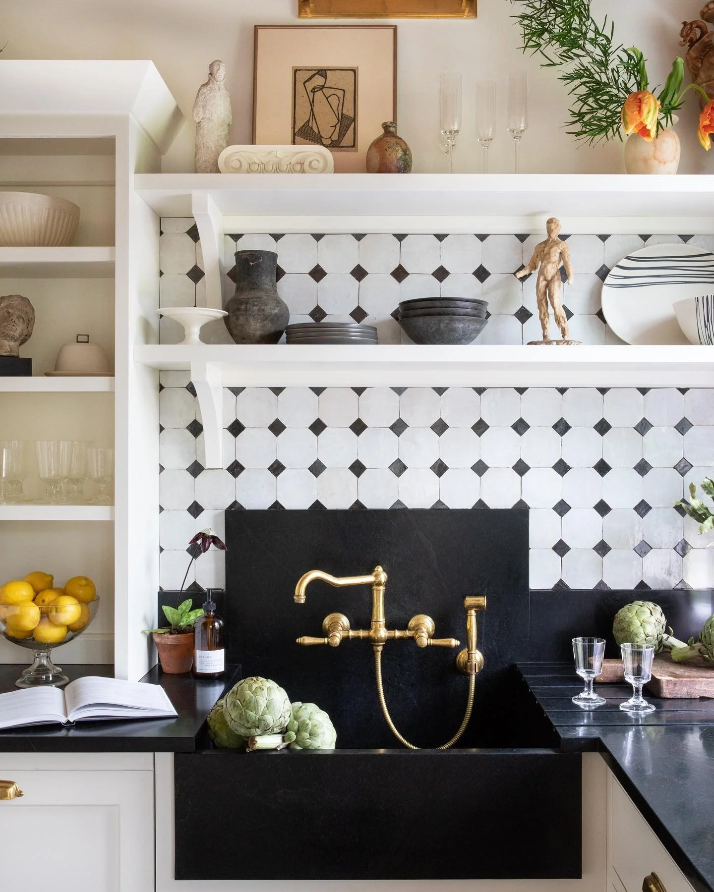 12. Classic Octagon Tile with Black Stone Accents (Black and White Kitchen Backsplash Ideas)