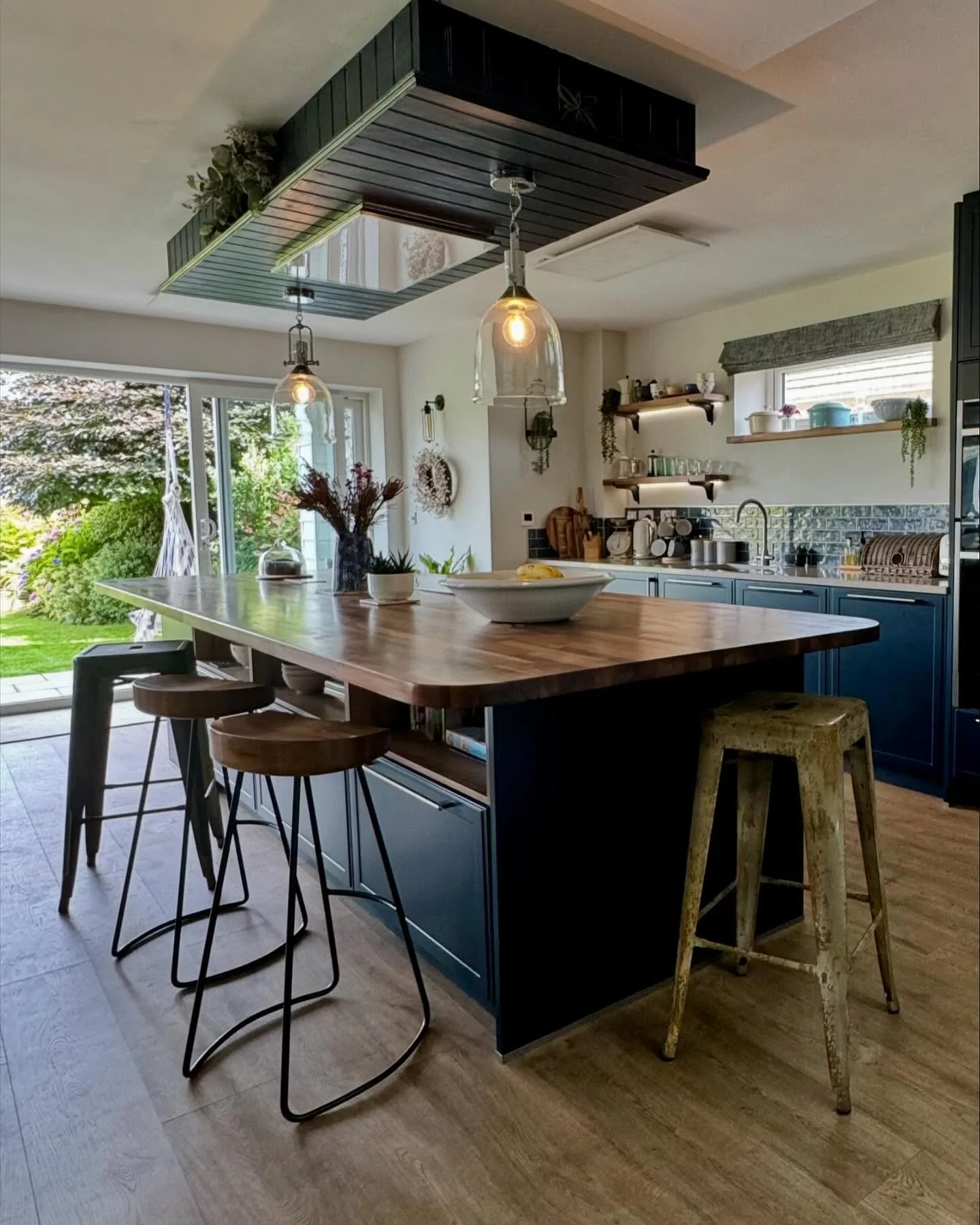 3. Warm Navy and Wood with Industrial Touches (Open Plan Kitchen Ideas)