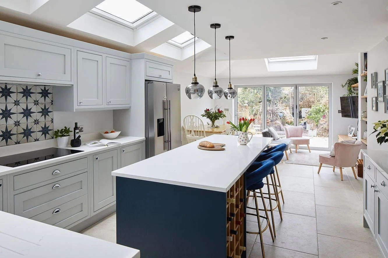 13. Blue Island Accent with Soft Grey Cabinetry (Open Plan Kitchen Ideas)