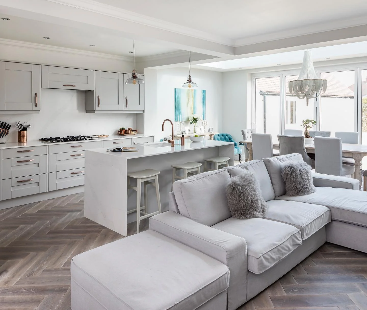 15. Light Grey and Marble with Layered Textures (Open Plan Kitchen Ideas)