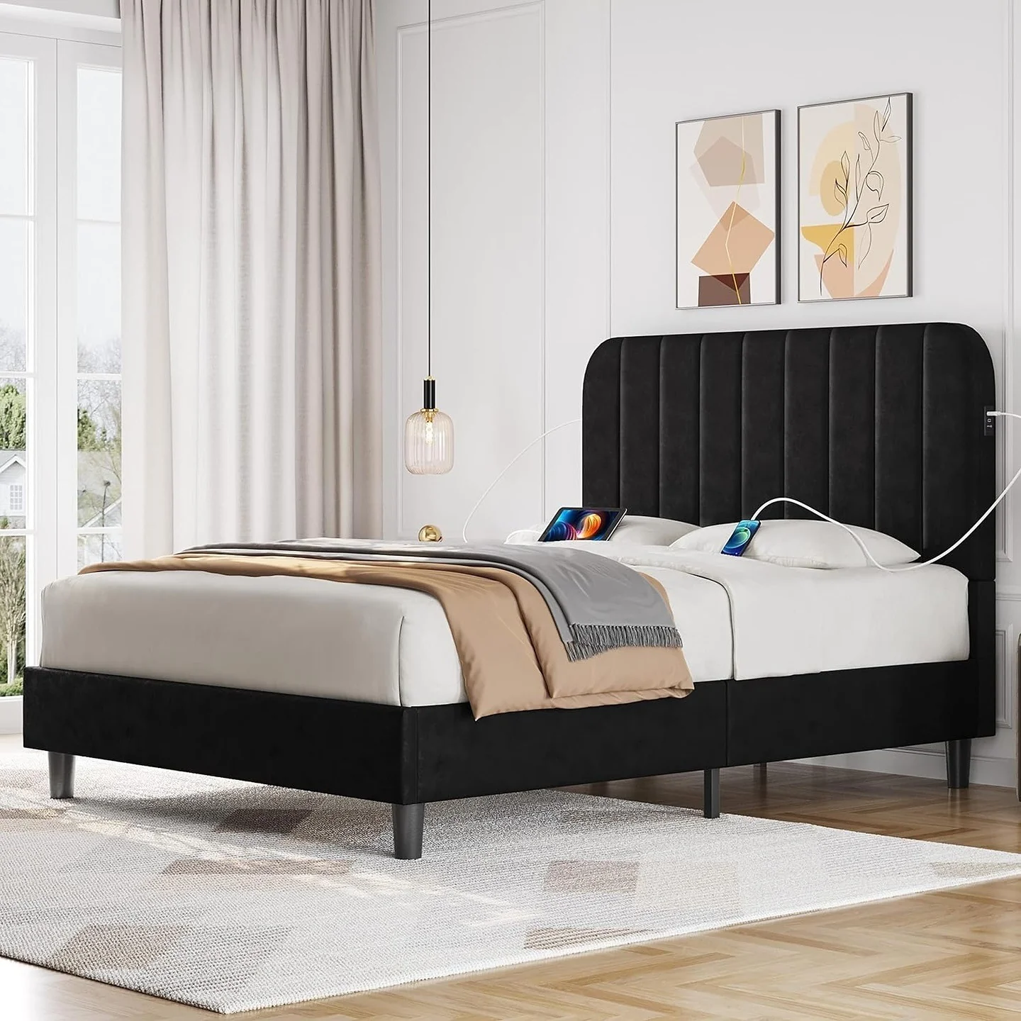 5. Rounded Velvet Black Bed Frame (Bedroom Ideas with Black Furniture)