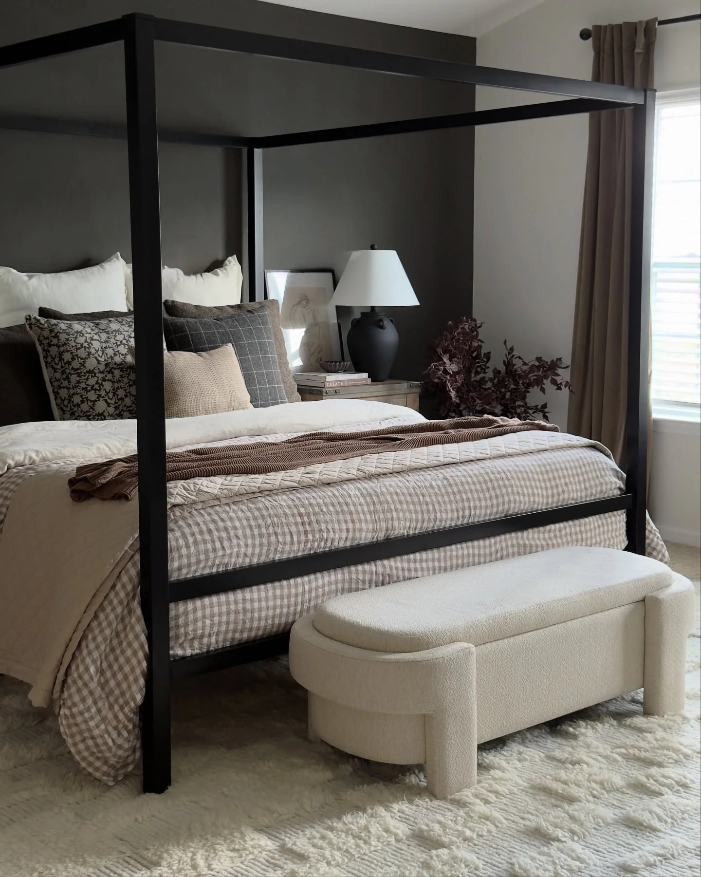 13. Modern Canopy Bed with Warm Neutral Textures (Bedroom Ideas with Black Furniture)