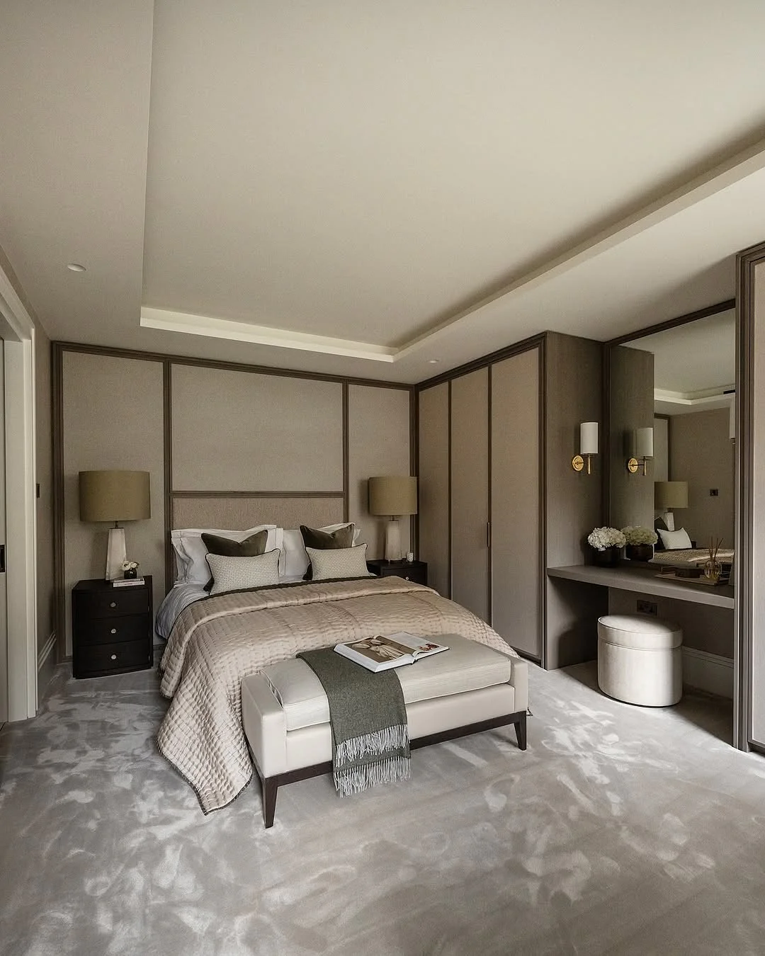 3. Tailored Modern Luxury in Taupe and Cream (Large Bedroom Ideas)