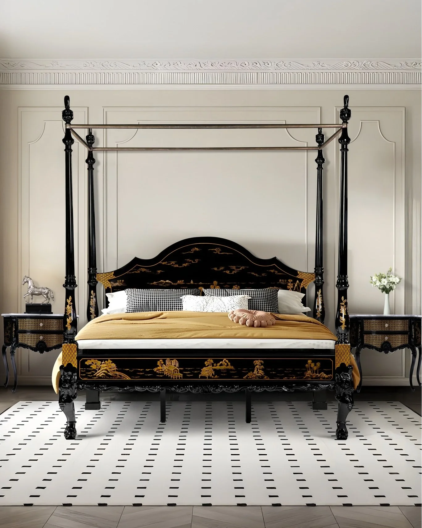 14. Artistic Four-Poster Bedroom in Black and Gold (Large Bedroom Ideas)