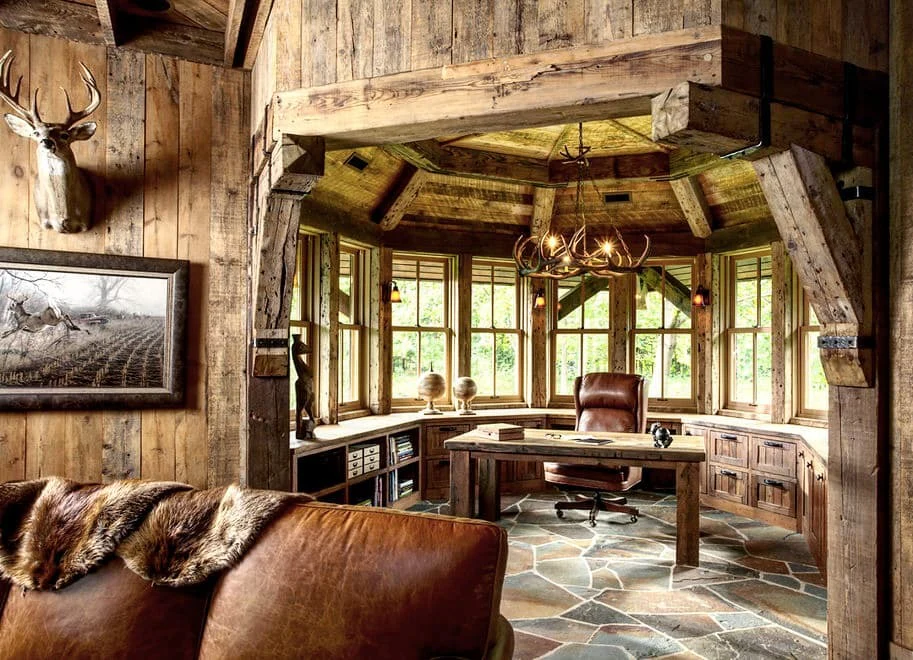 13. Grand Timber Lodge Office (Rustic Home Office Ideas)