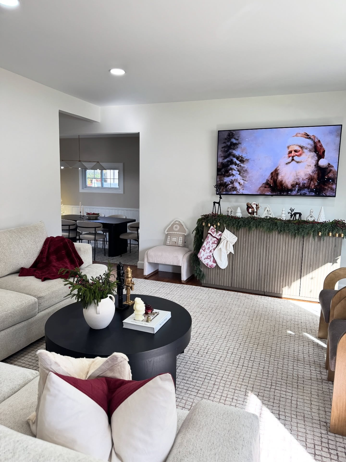 2. Cozy Holiday Lounge in Soft Neutrals and Mulberry Red (Living Room Decor Ideas)