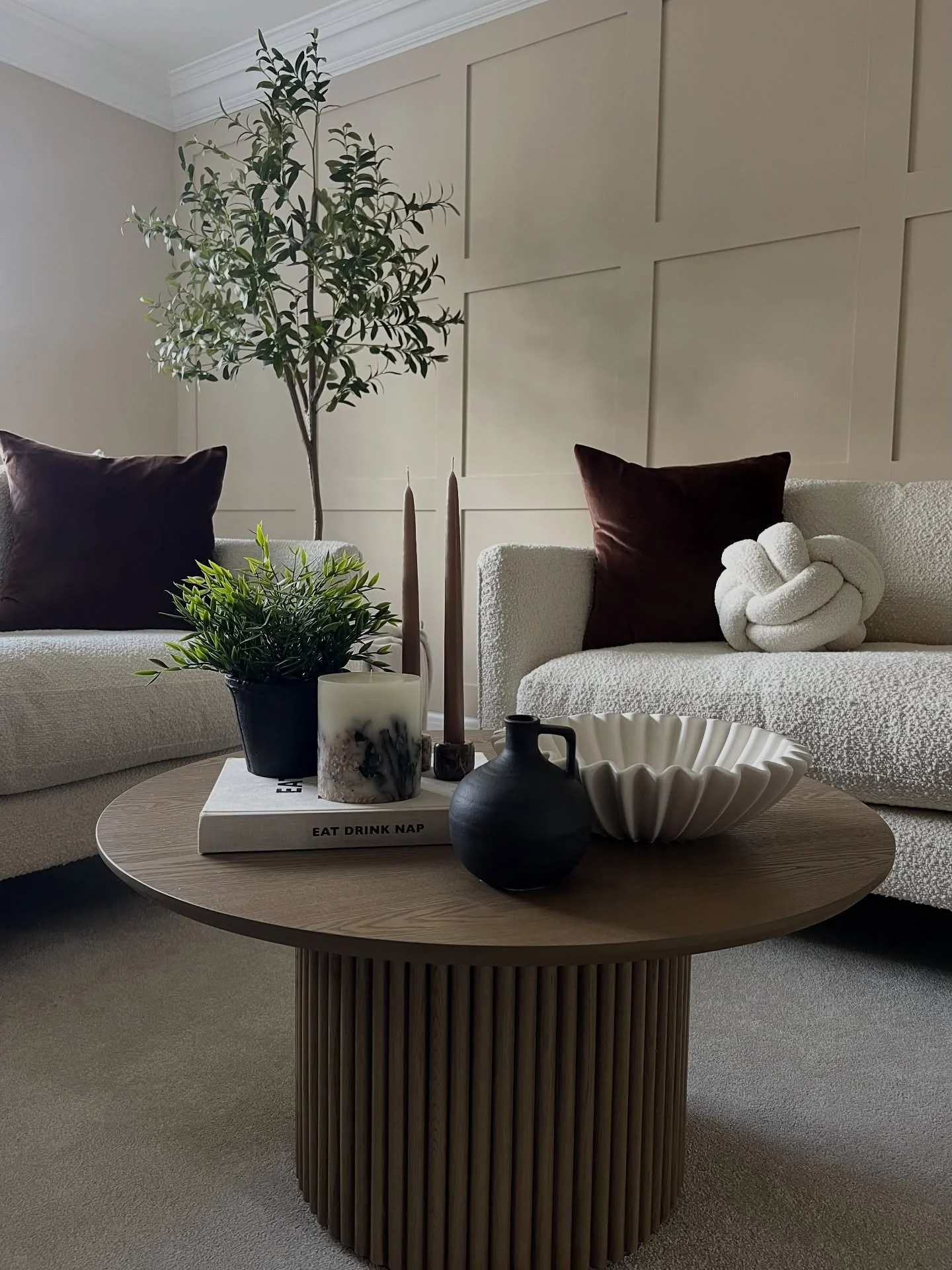 11. Warm Taupe Living Room With Rich Brown Accents (Living Room Decor Ideas)