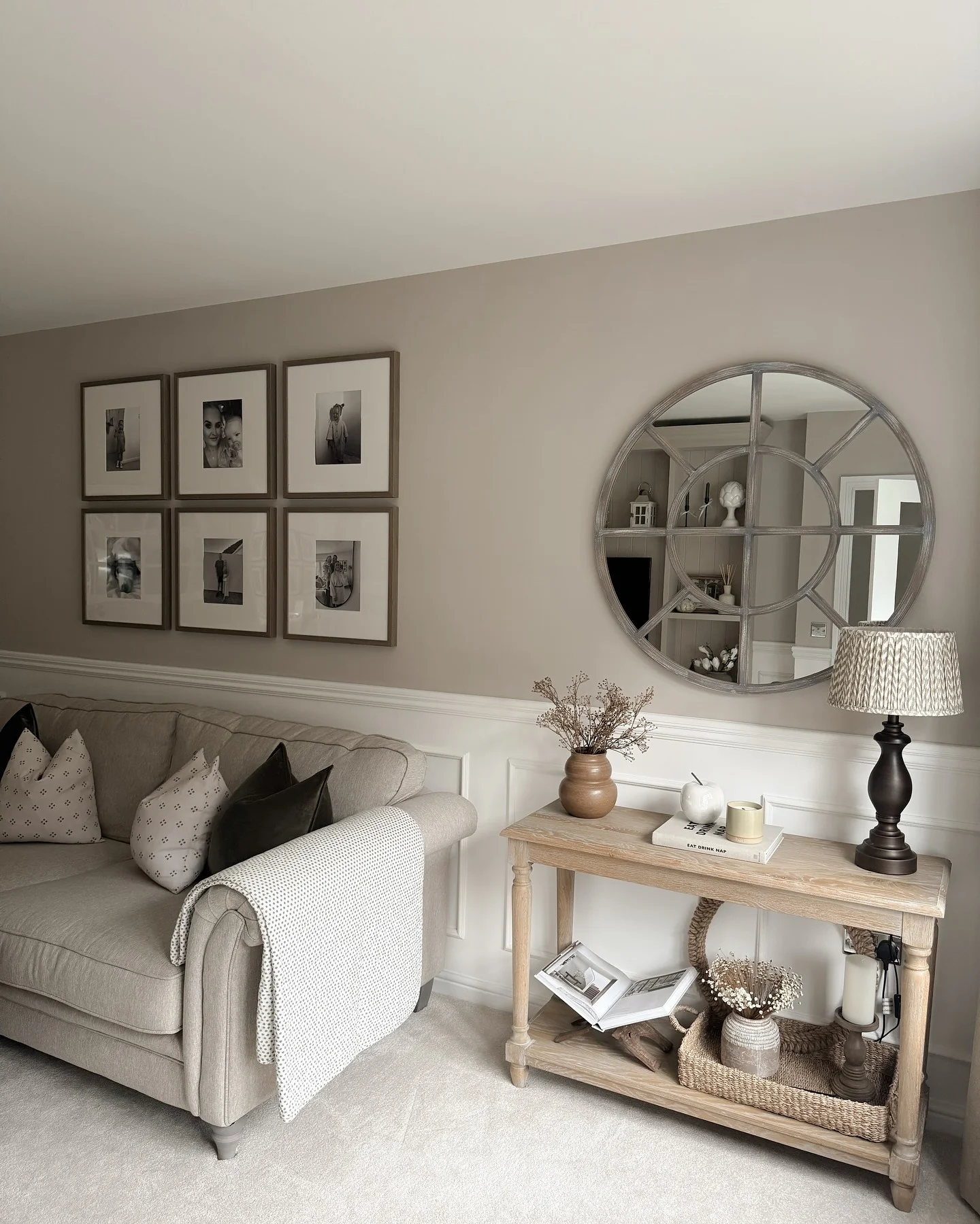 12. Traditional-Modern Living Room With Layered Neutrals and Framed Art (Living Room Decor Ideas)