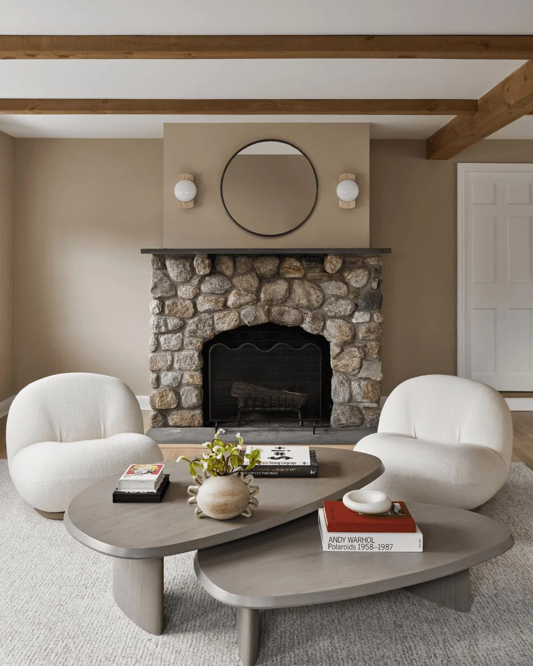 10. Minimalist Cozy Living Room with Rounded Forms (Stone Fireplace Living Room Ideas)