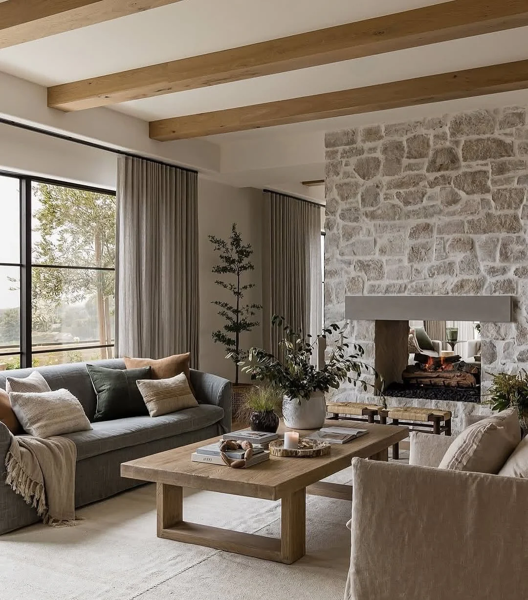 12. Light Rustic Living Room with Sand-Toned Stone (Stone Fireplace Living Room Ideas)