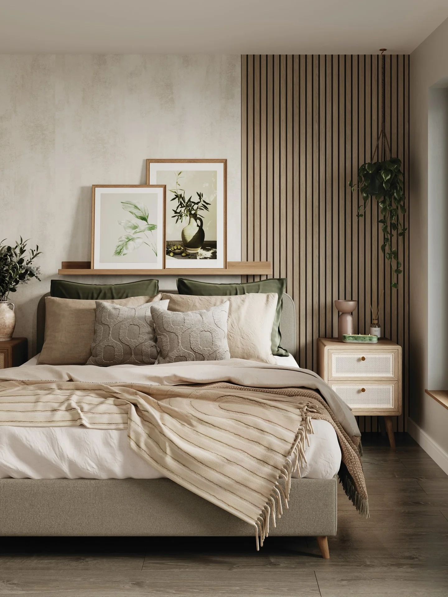 13. Vertical Oak Slats with Olive and Sand Tones (Oak Bedroom Ideas)