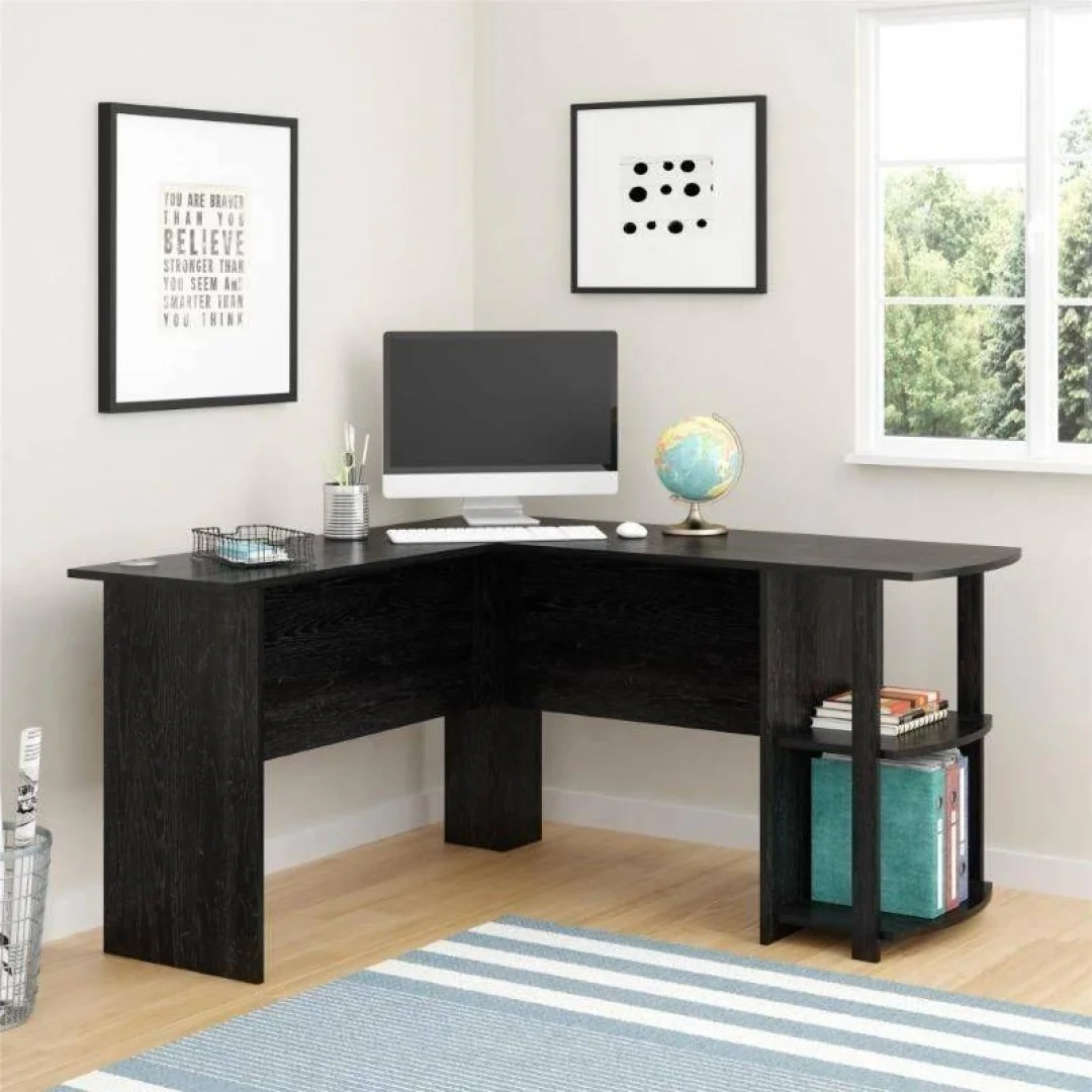6. Corner Office Layout with a Practical Black L-Shaped Desk (Black Desk Office Ideas)