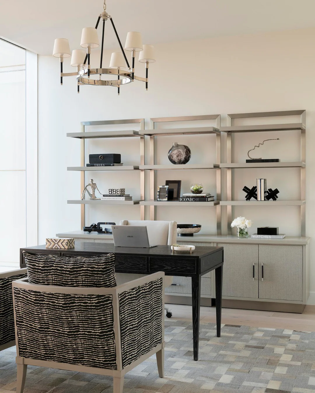 13. Polished Office Setting with Black Desk and Metallic Shelving (Black Desk Office Ideas)