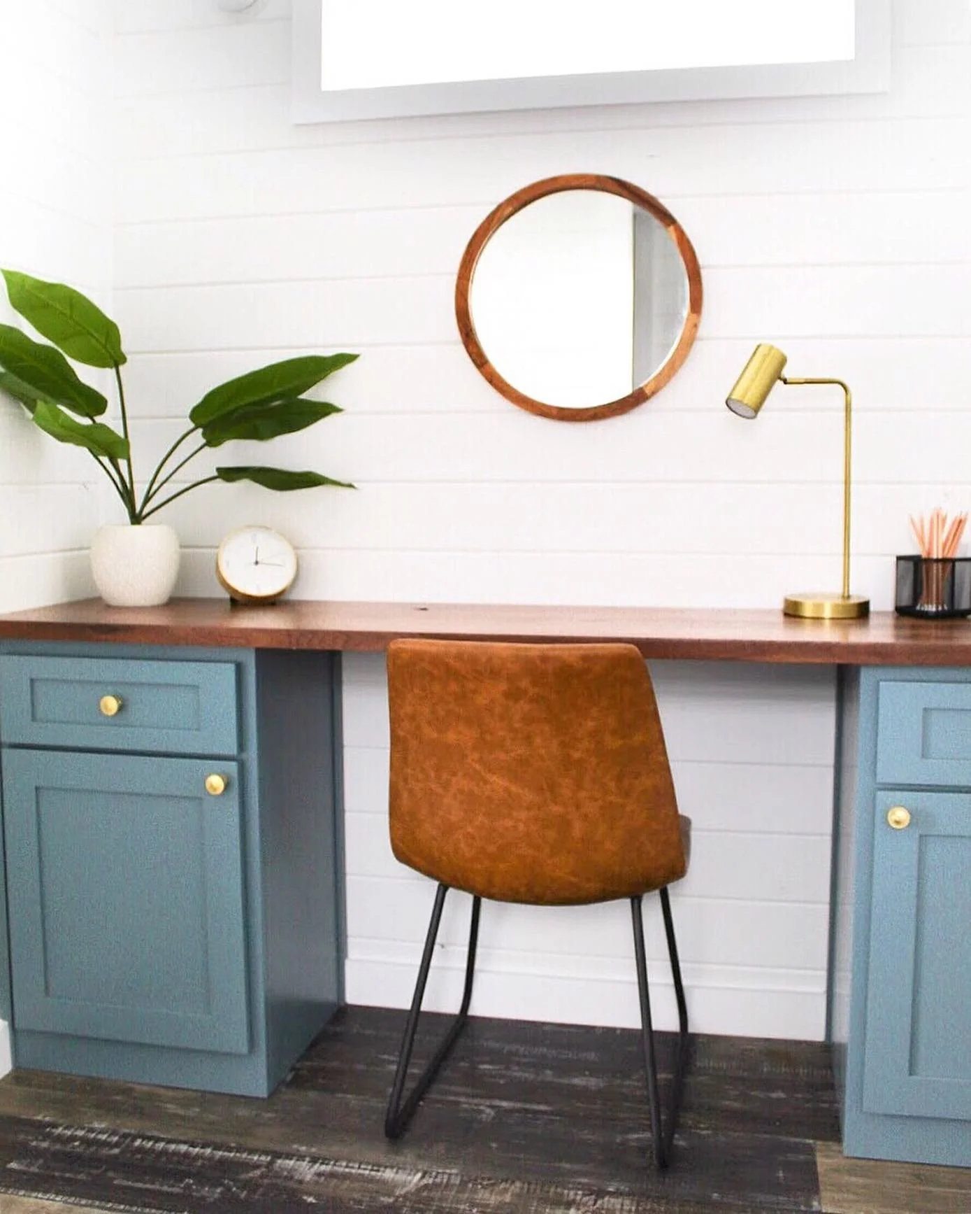 5. Classic Blue Cabinet Desk with Rich Walnut Top (Tiny Home Office Ideas)