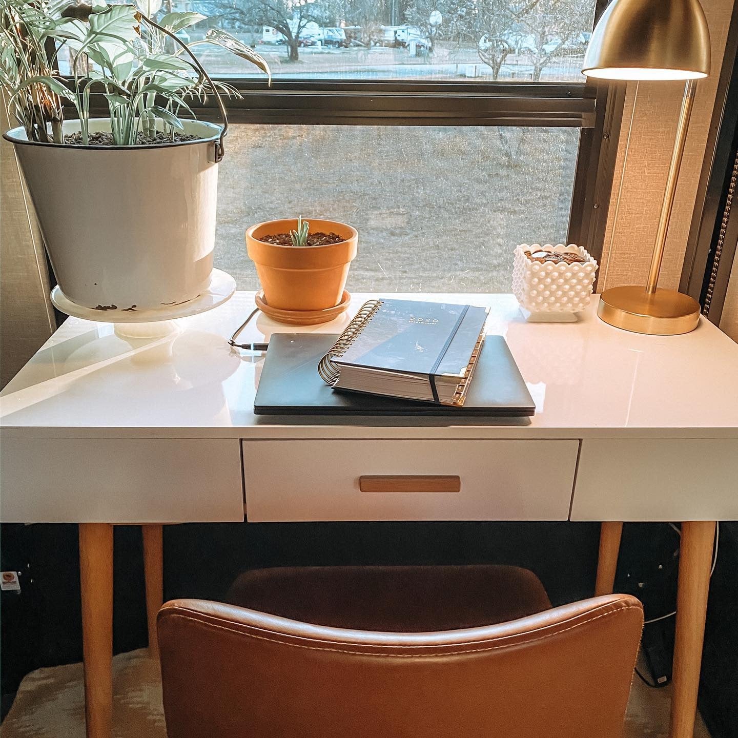 2. Sunlit Desk with Soft Greens and Gentle Gold (Tiny Home Office Ideas)