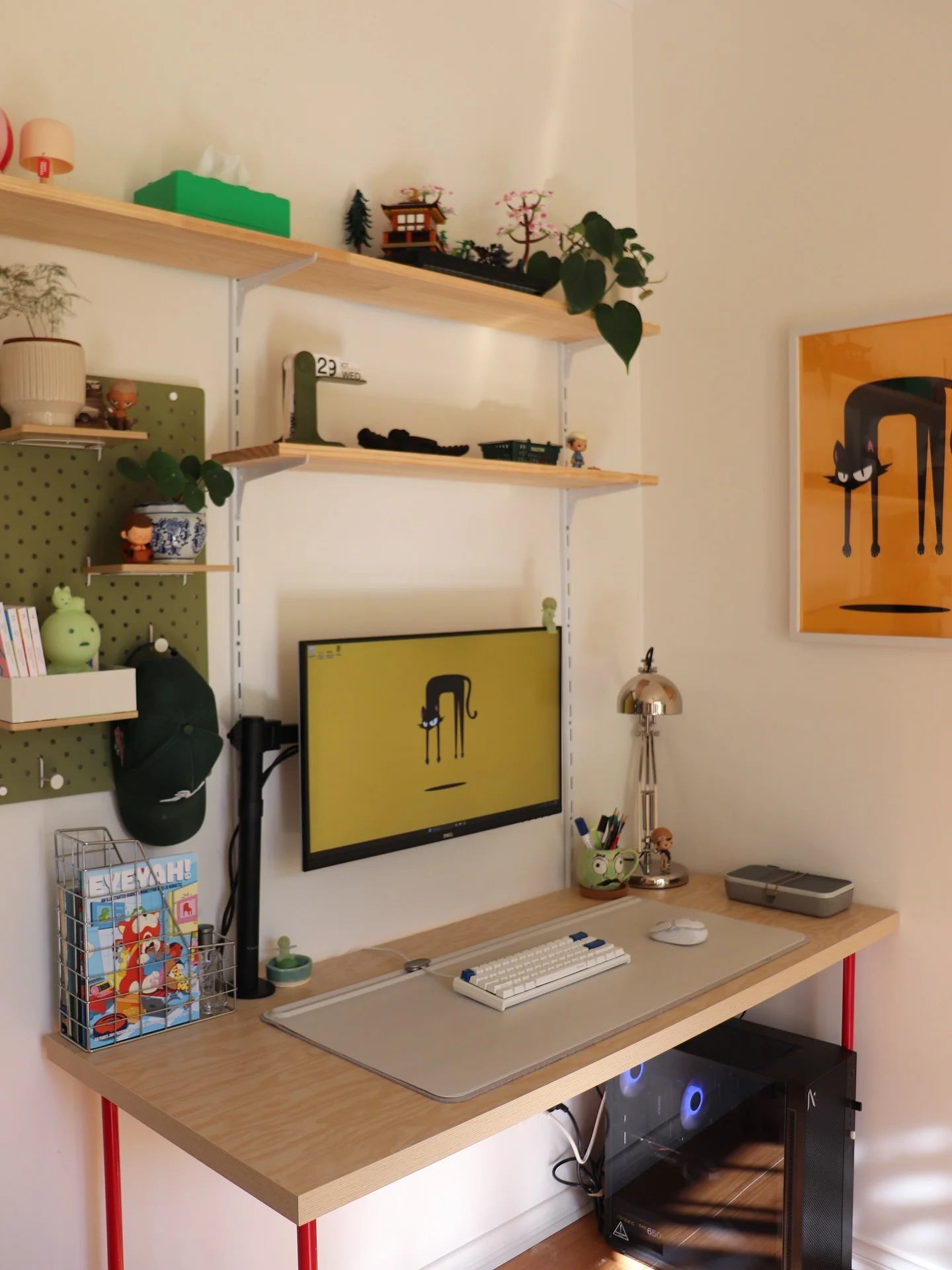 6. Playful Shelved Workspace with Light Wood and Soft Green (Tiny Home Office Ideas)
