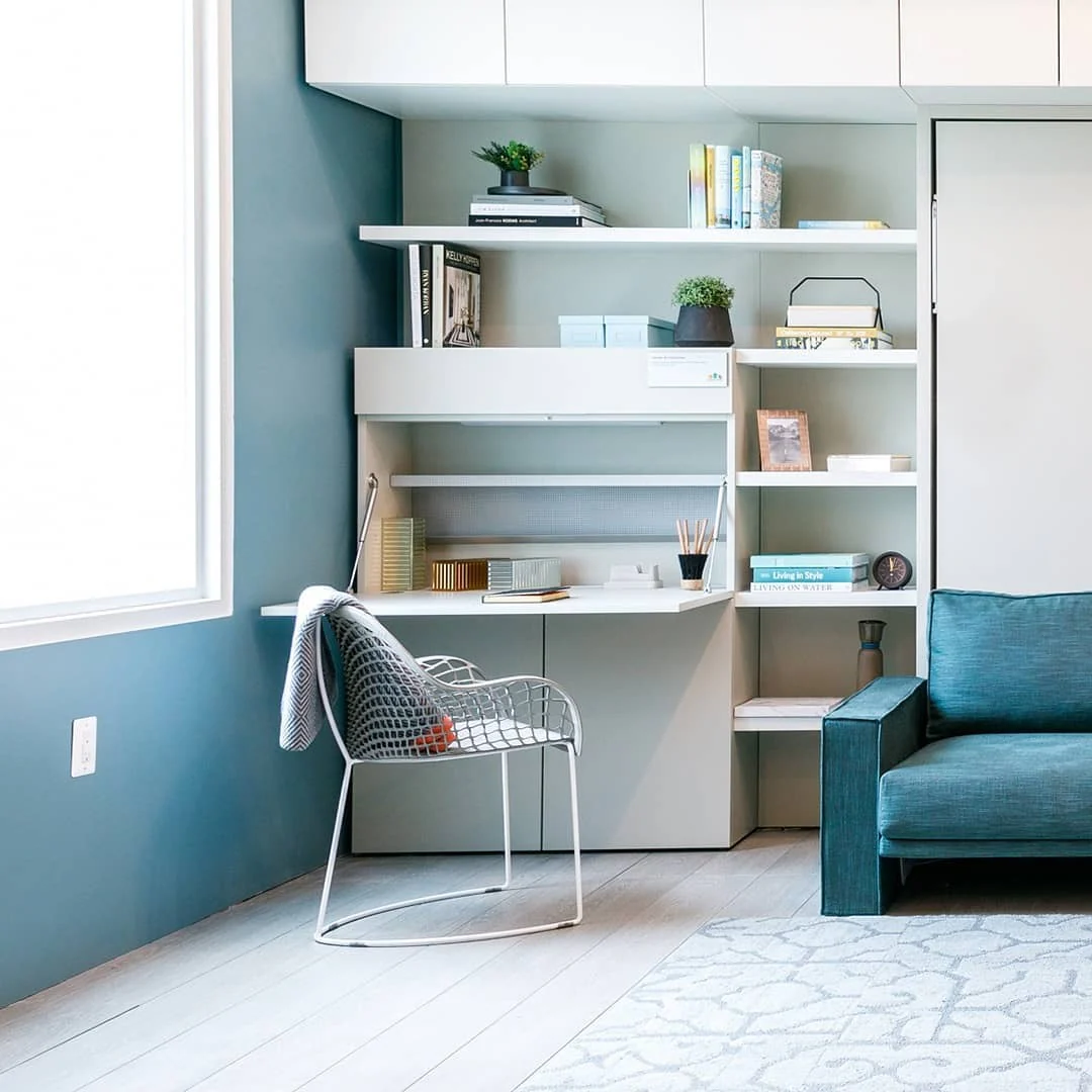 3. Built-In Workspace with Soft Blue and Clean White (Tiny Home Office Ideas)