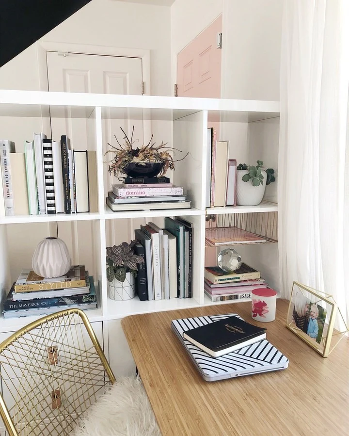 8. Book-Lined Micro Office with Bamboo and Brass Accents (Tiny Home Office Ideas)