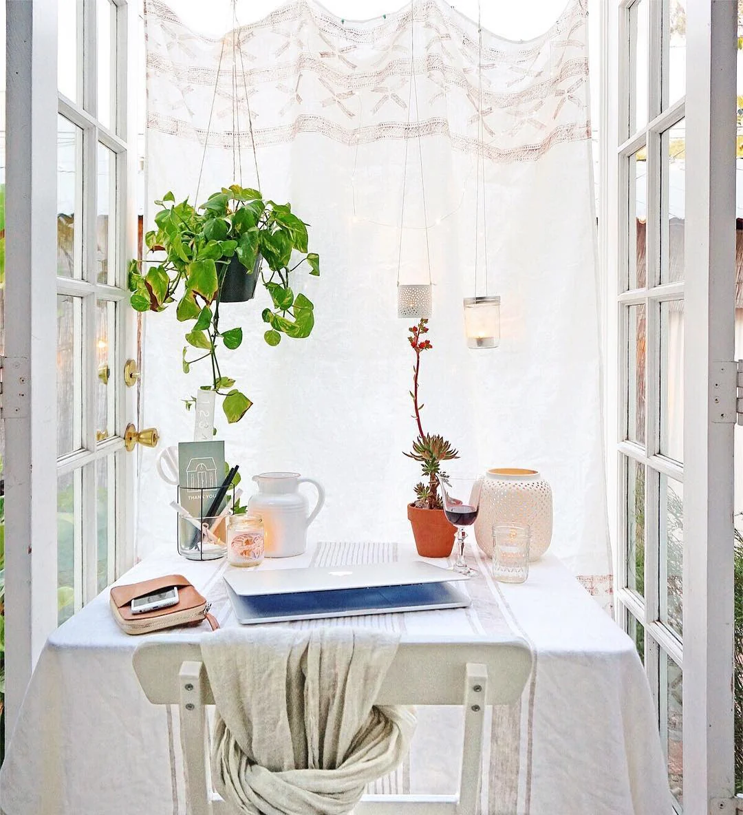 9. Light-Filled Garden Desk with Airy Whites and Soft Greenery (Tiny Home Office Ideas)