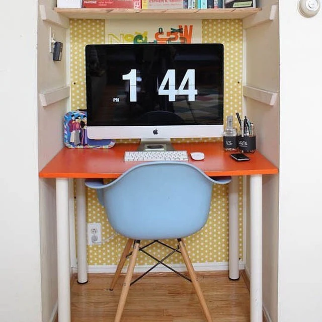 12. Bright Micro Desk Nook with Playful Color and Retro Charm (Tiny Home Office Ideas)