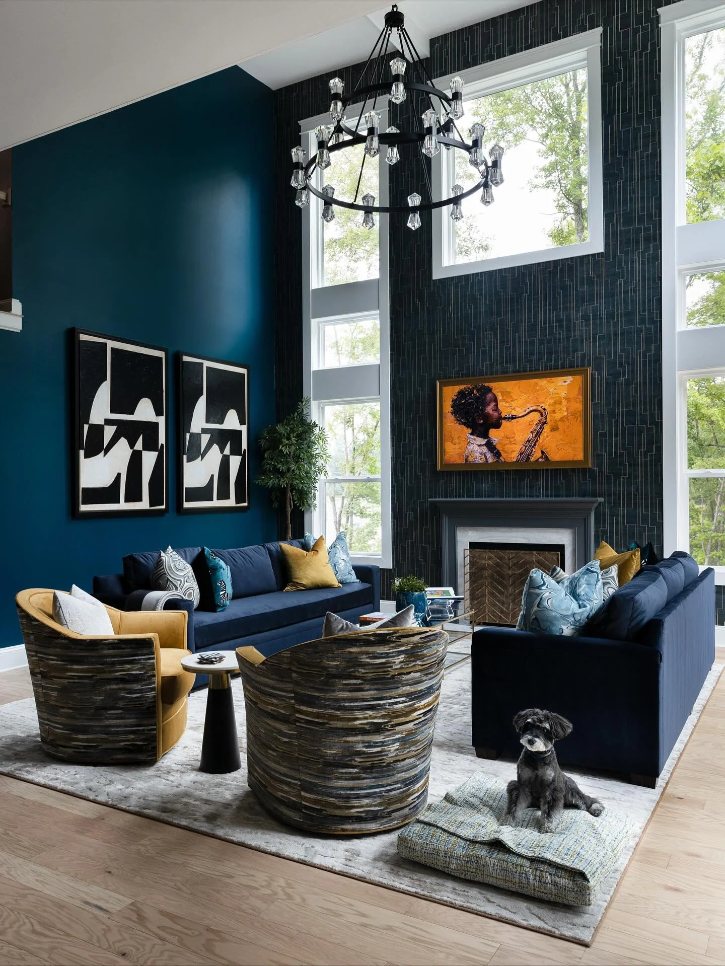 9. Bold Navy Living Room with Gold and Teal Accents (Navy Blue Living Room Ideas)