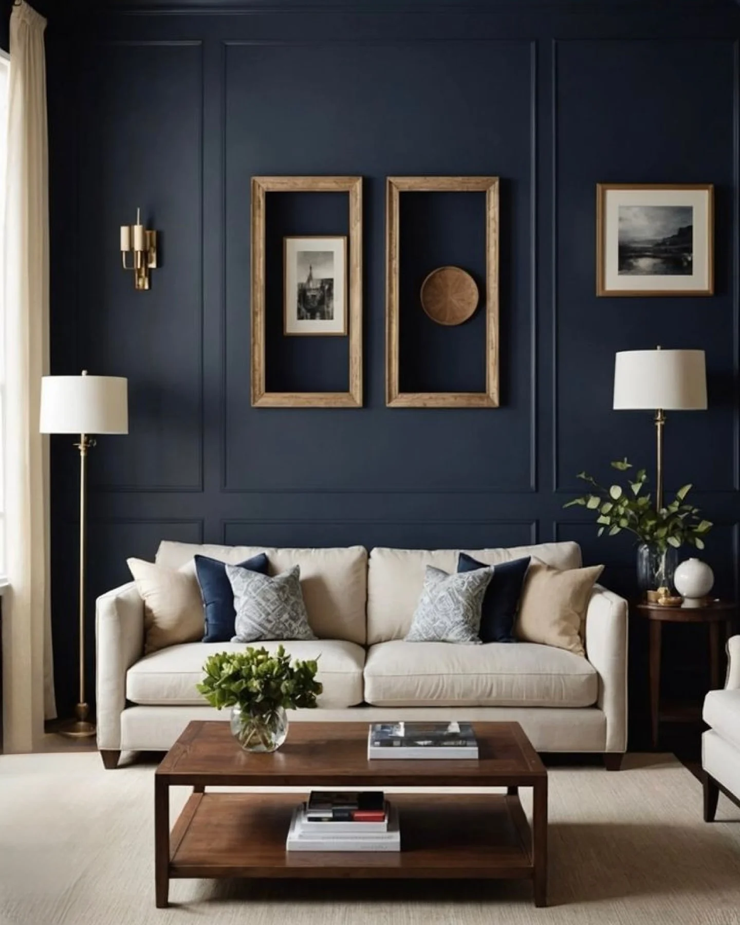 13. Classic Navy Feature Wall with Cream Upholstery (Navy Blue Living Room Ideas)