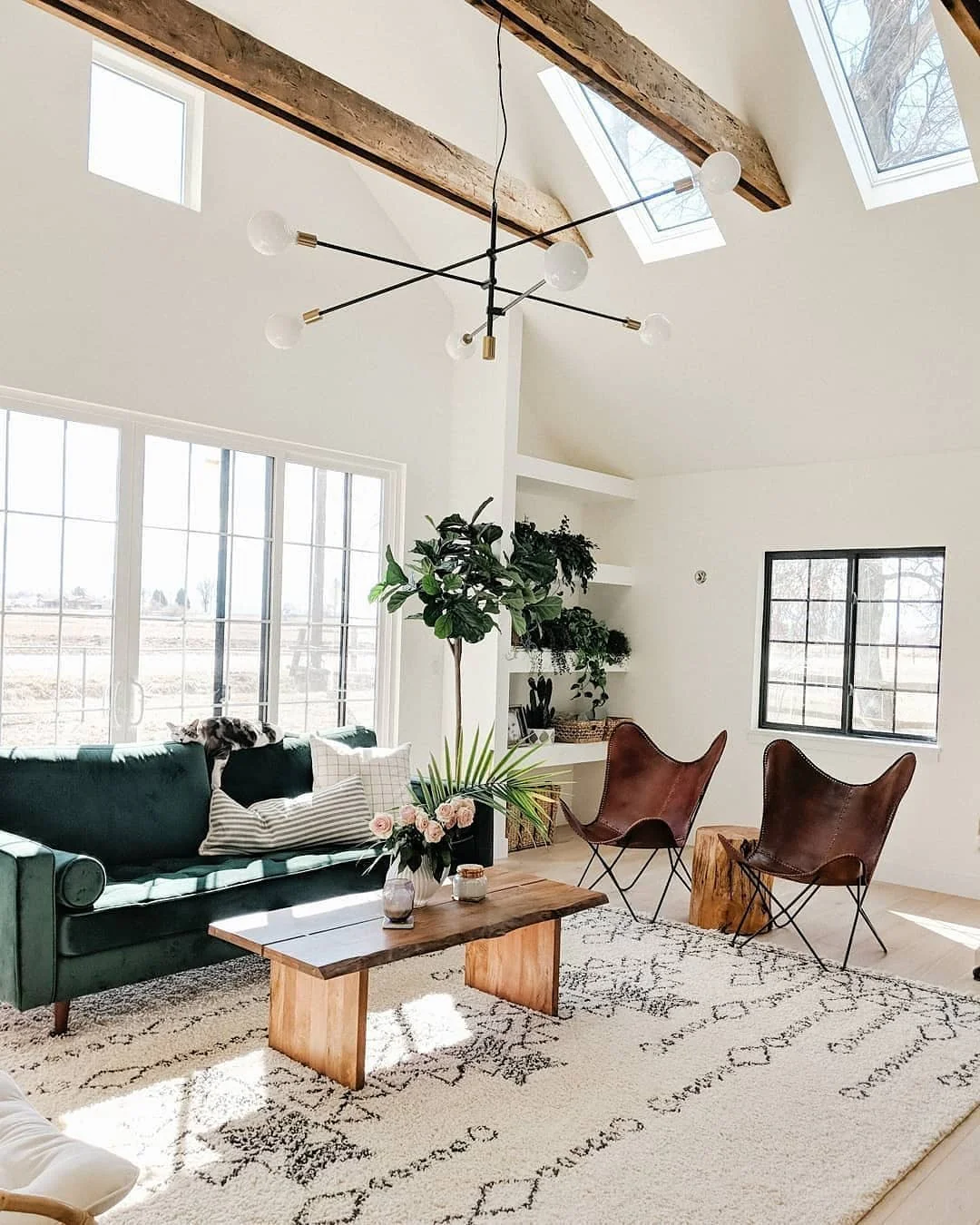 11. Airy Loft Living with Green Velvet and Warm Woods (Urban Living Room Ideas)