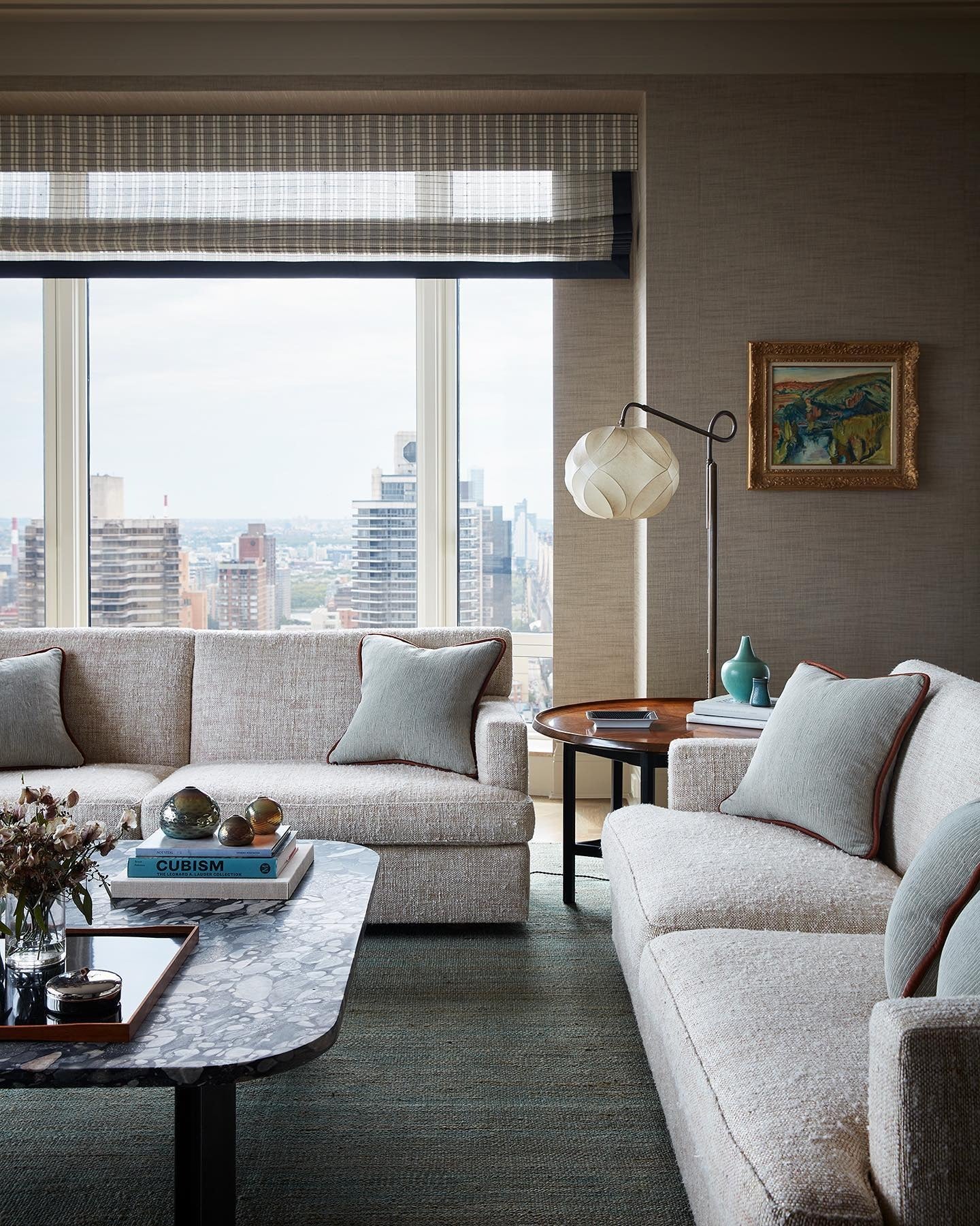 13. Refined City Living with Soft Grays and Marble Accents (Urban Living Room Ideas)