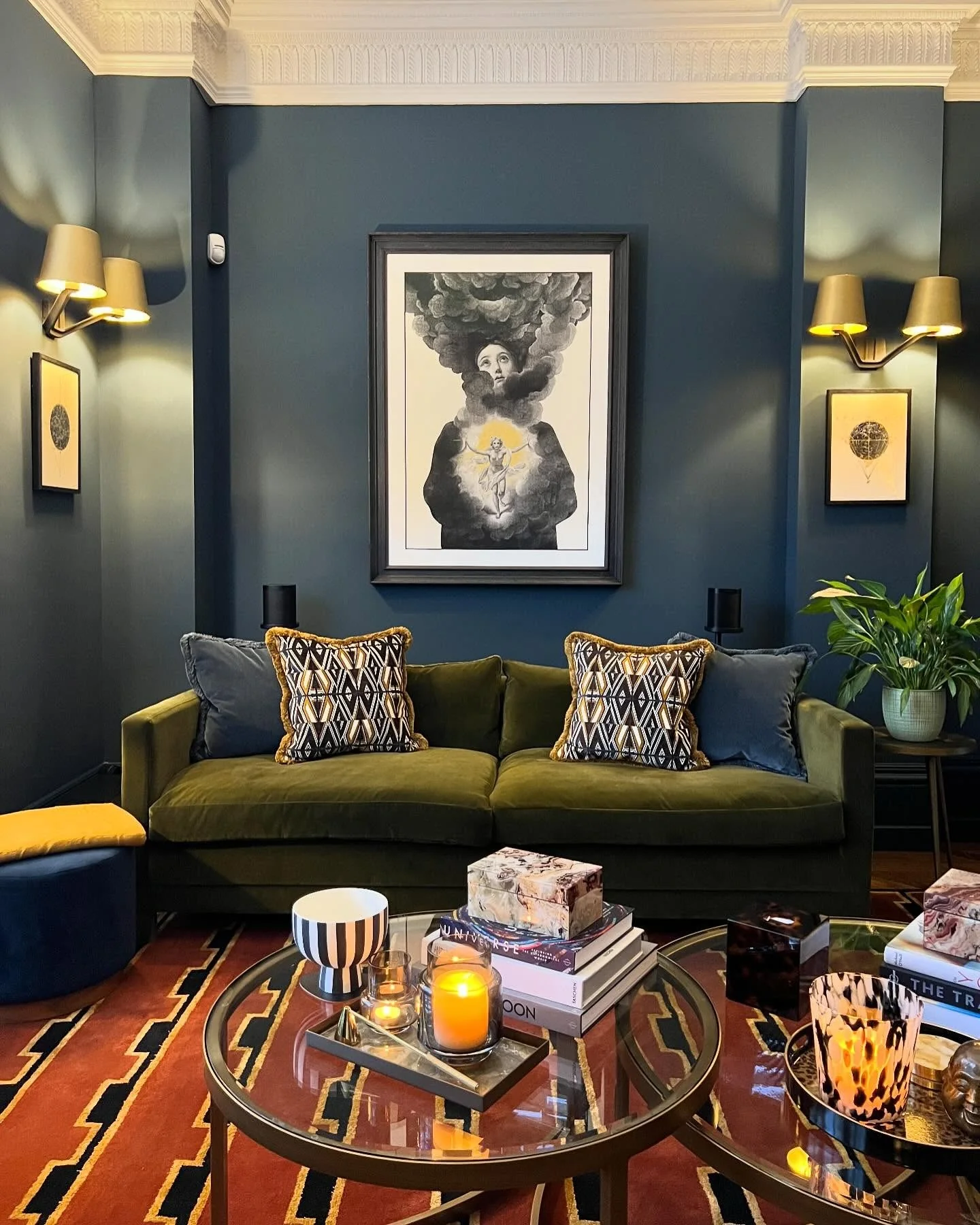 2. Moody Denim Walls with Olive Velvet Accents (Masculine Living Room Ideas)