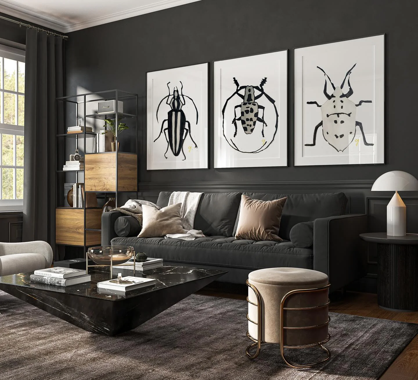 6. Graphite Monochrome with Geometric Artwork (Masculine Living Room Ideas)